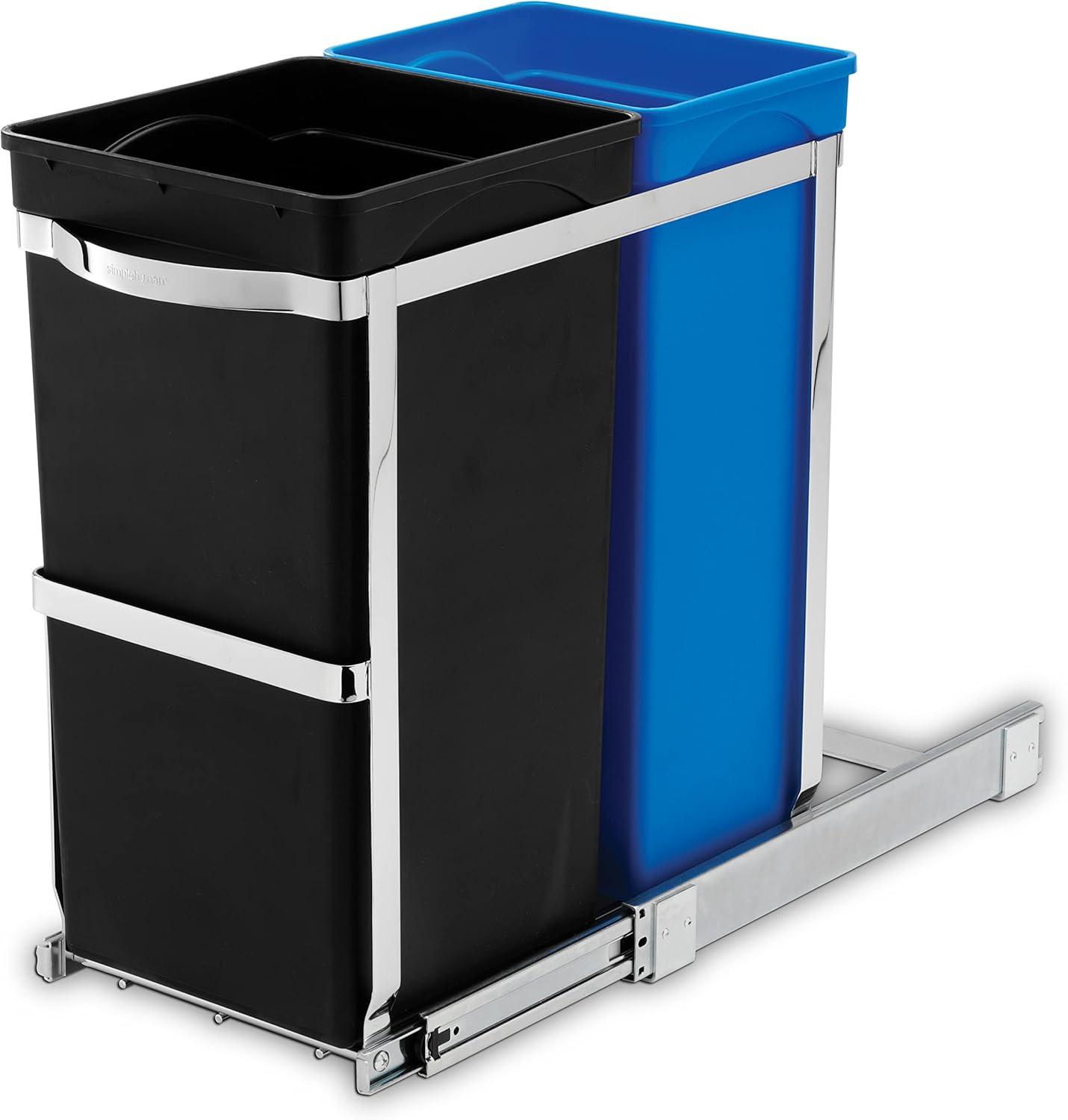 simplehuman 35L Under Counter Pull Out Trash Can Dual Bucket Recycling Garbage Can with Heavy Duty Frame