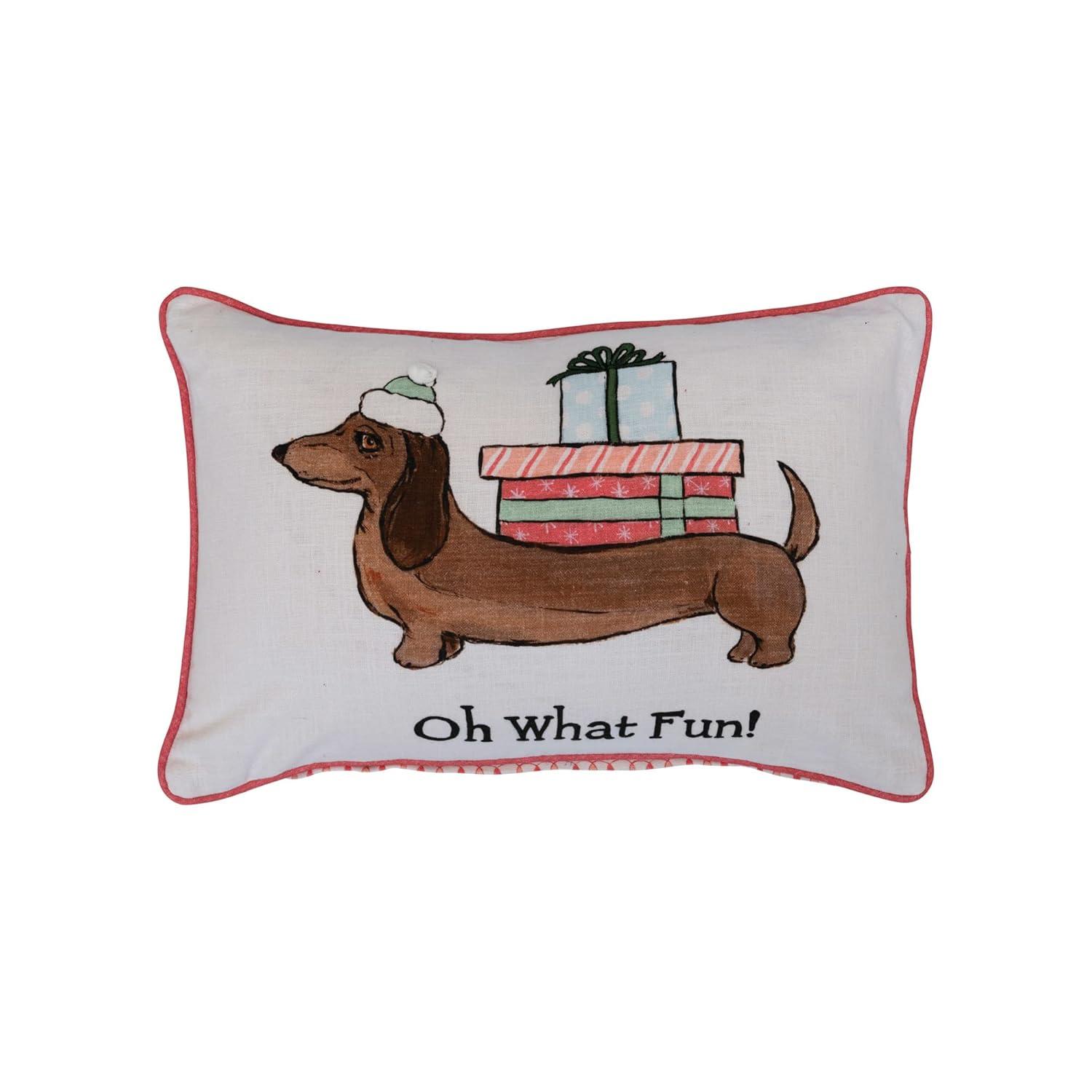 Creative Co-Op 24" L x 16" H Cotton Printed Lumbar Pillow w/Dog in Hat, Pom Pom, Embroidery, Piping & Patterned Back Oh What Fun!, Multi Color ©