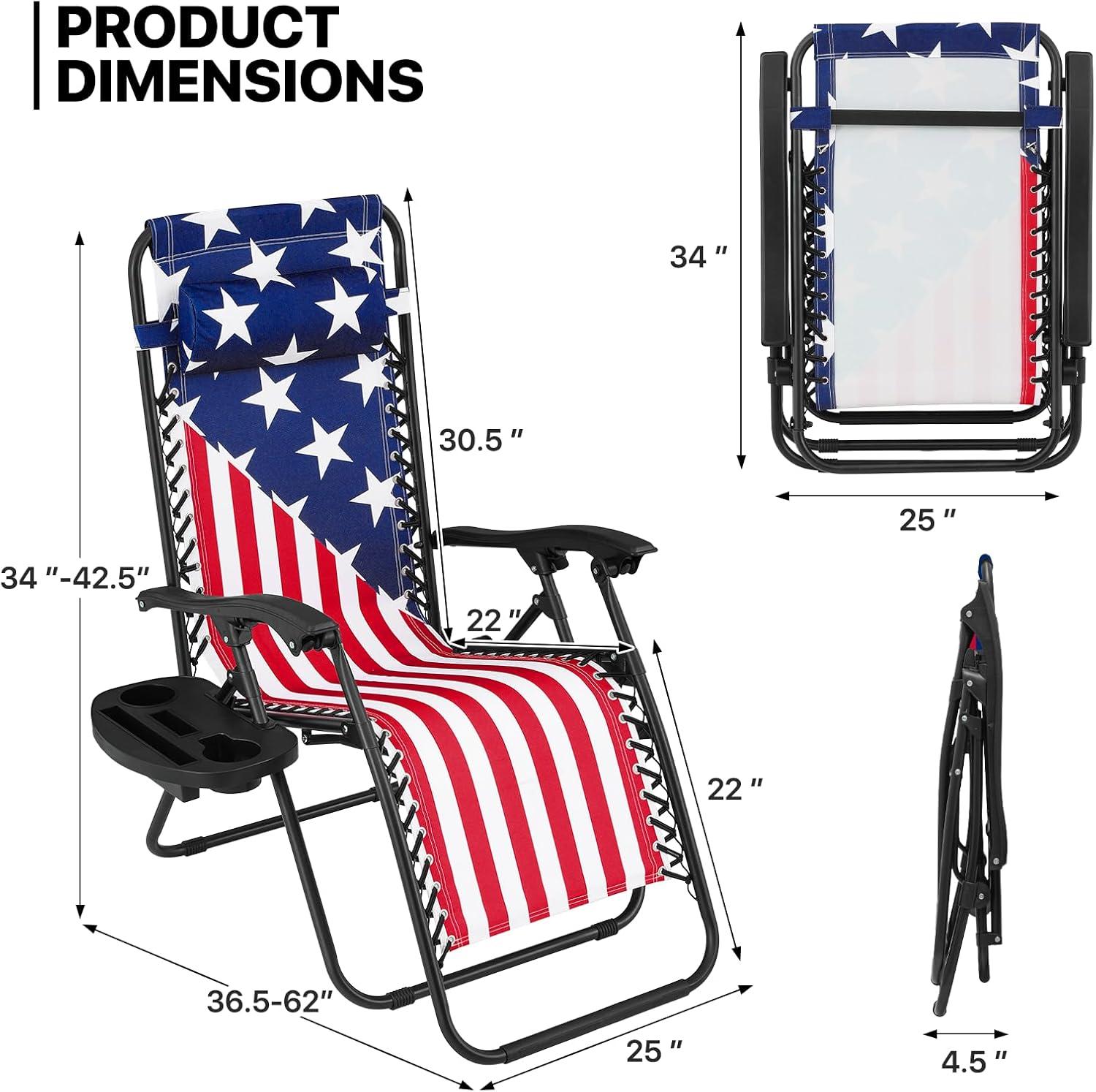 MoNiBloom Zero Gravity Lounge Chairs, Outdoor Patio Folding Beach Recliners with Headrest and Foot, American Flag