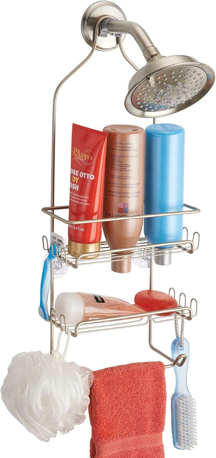 Satin Silver Metal Hanging Shower Caddy with Hooks and Towel Bar