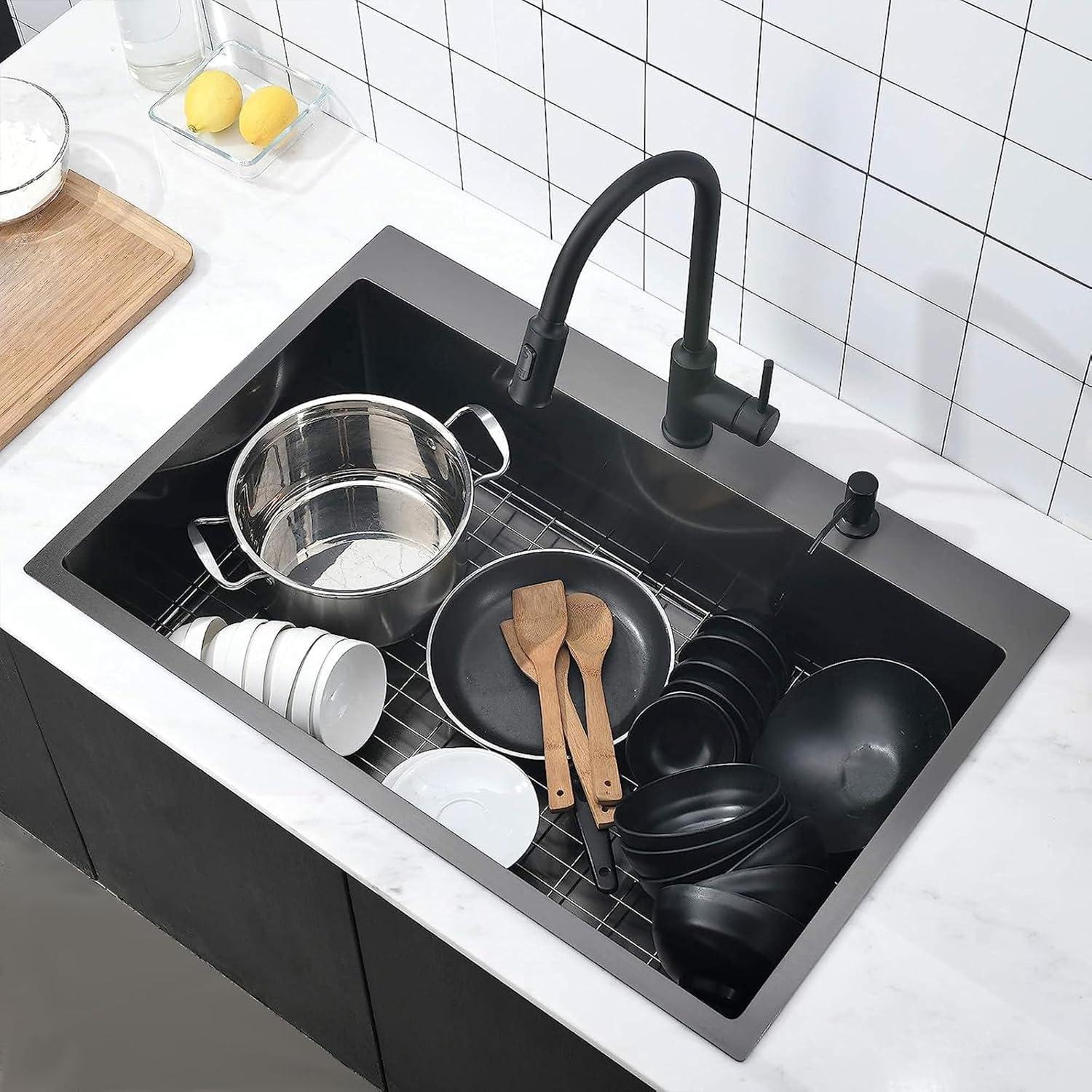 Sinber 33" x 22" Drop-In Single Bowl Kitchen Sink with 18 Gauge 304 Stainless Steel Polished Black Finish