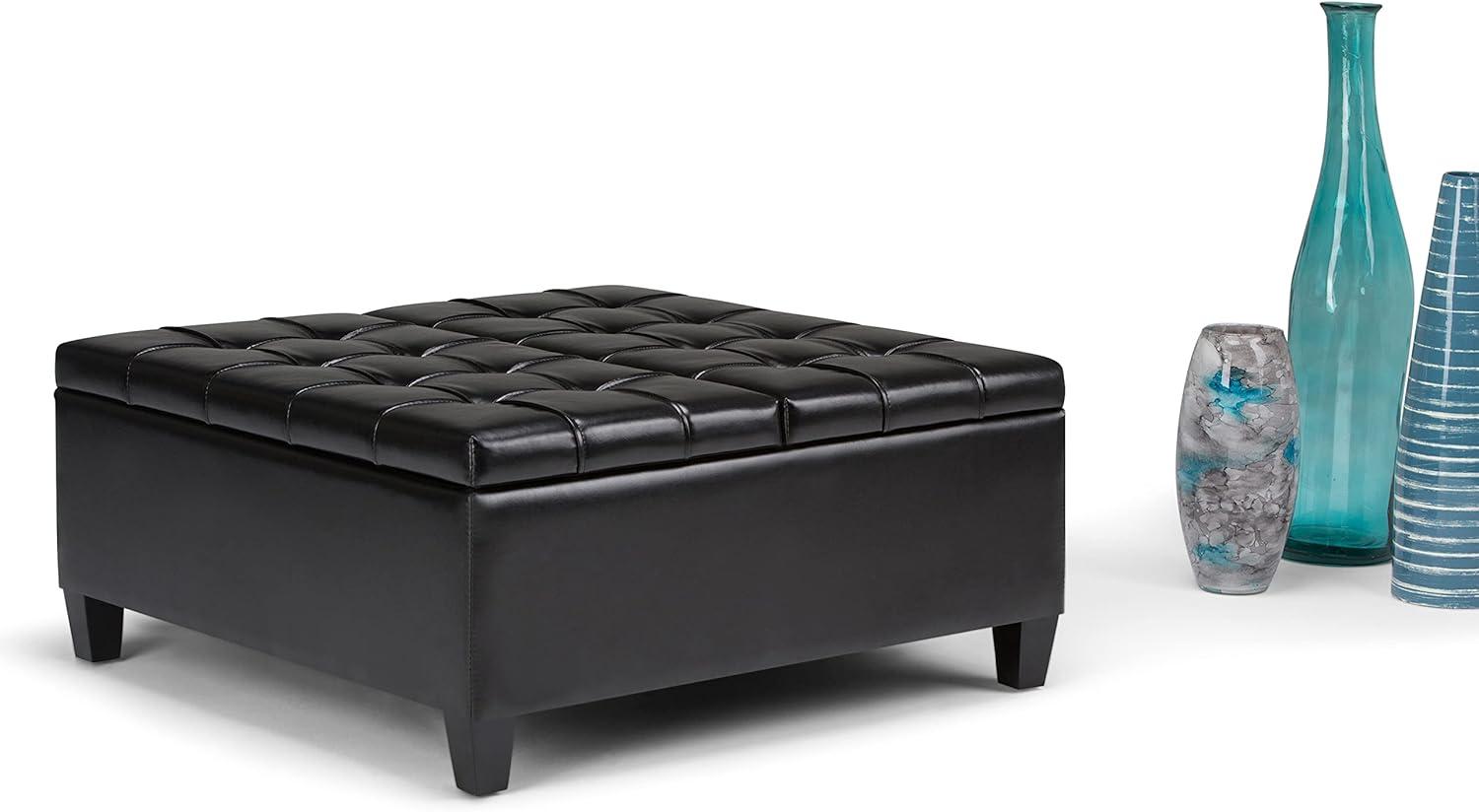 Midnight Black Tufted Faux Leather 36" Square Storage Ottoman