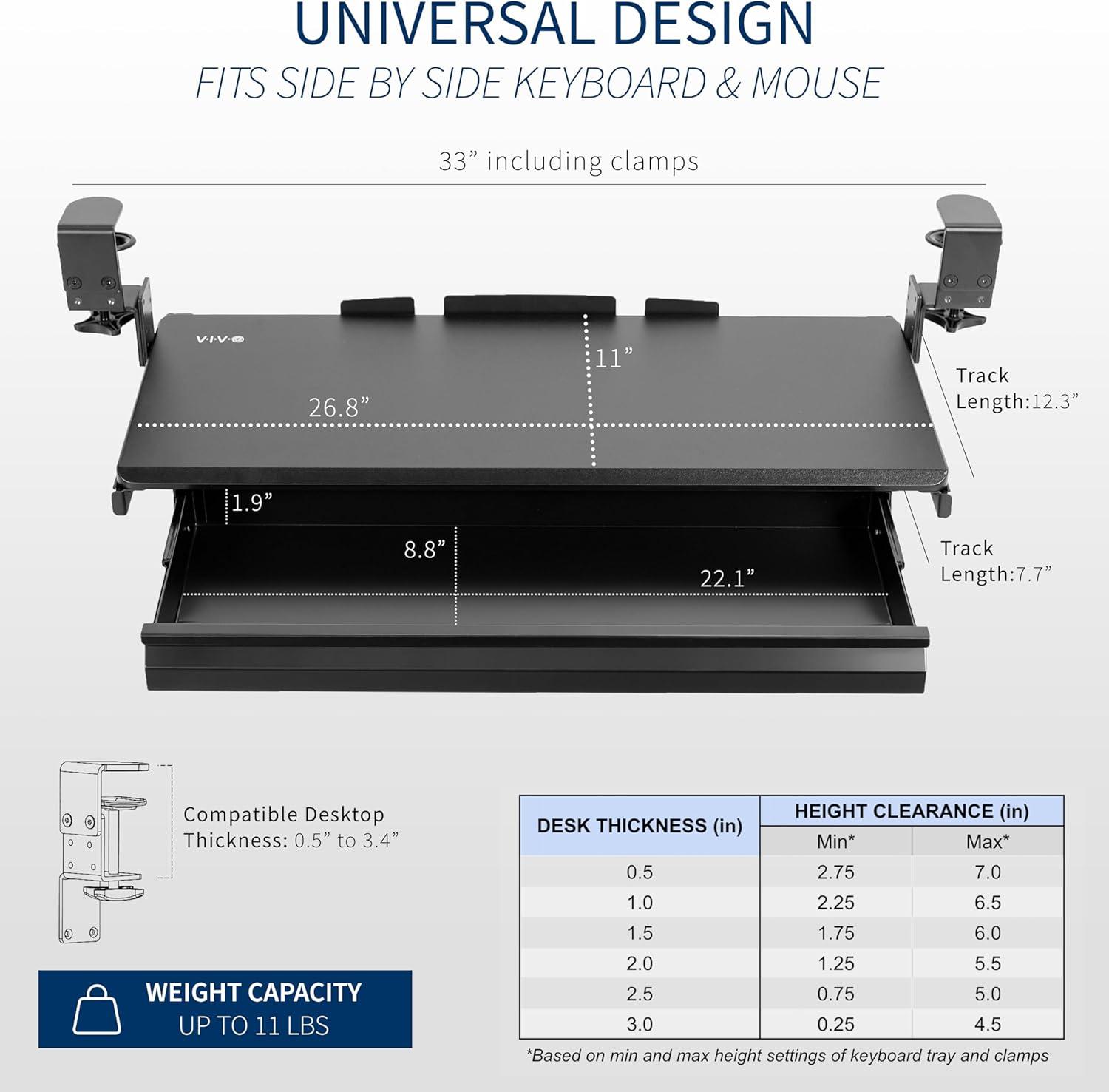 VIVO Height Adjustable Clamp-on Computer Keyboard Tray with Storage Drawer