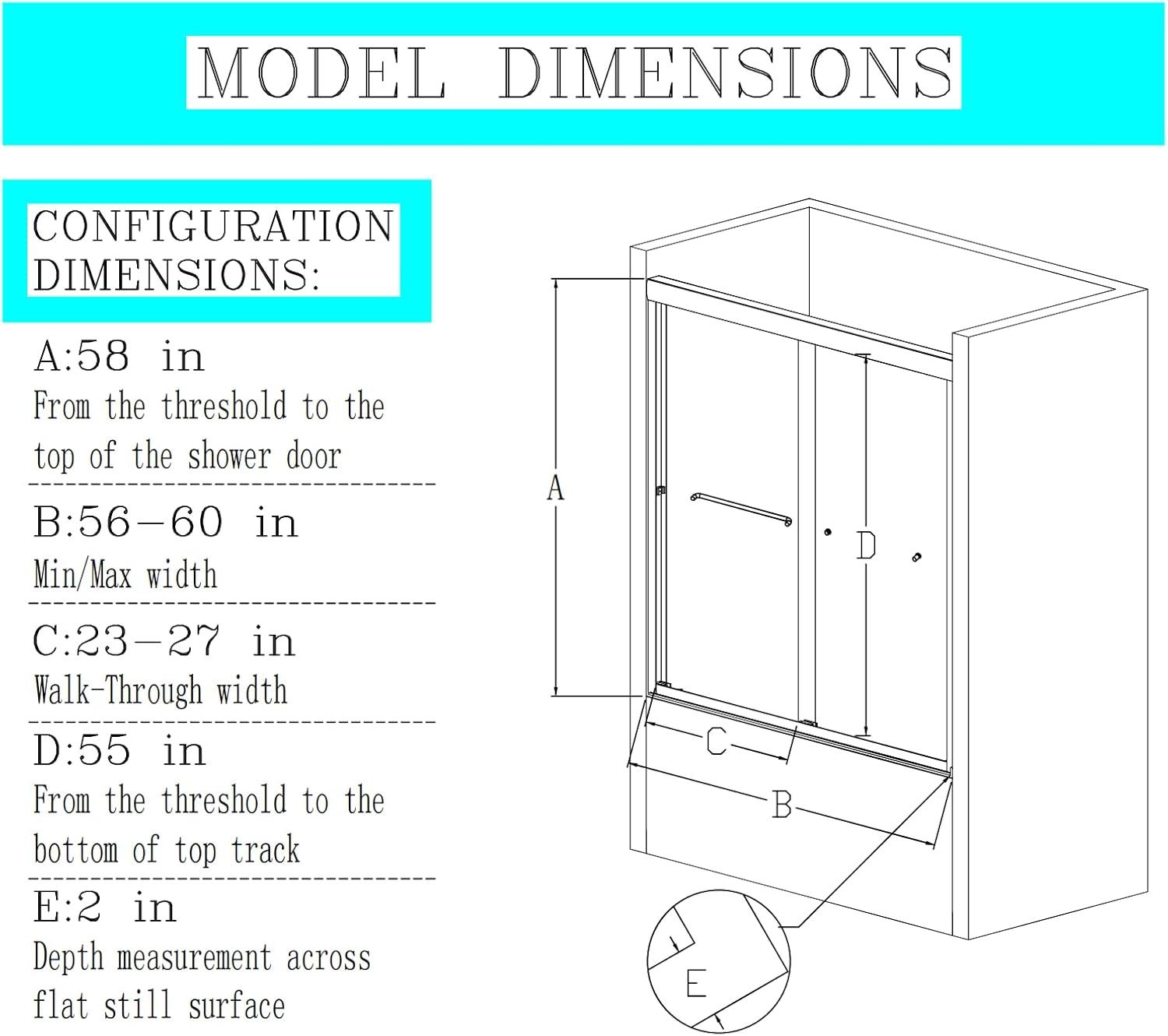 56"-60"W*58" H Semi-Frameless Double Sliding Tub Door, Bypass Bathtub Shower, 1/4" (6mm) Thick SGCC Tempered Glass Door, Chrome