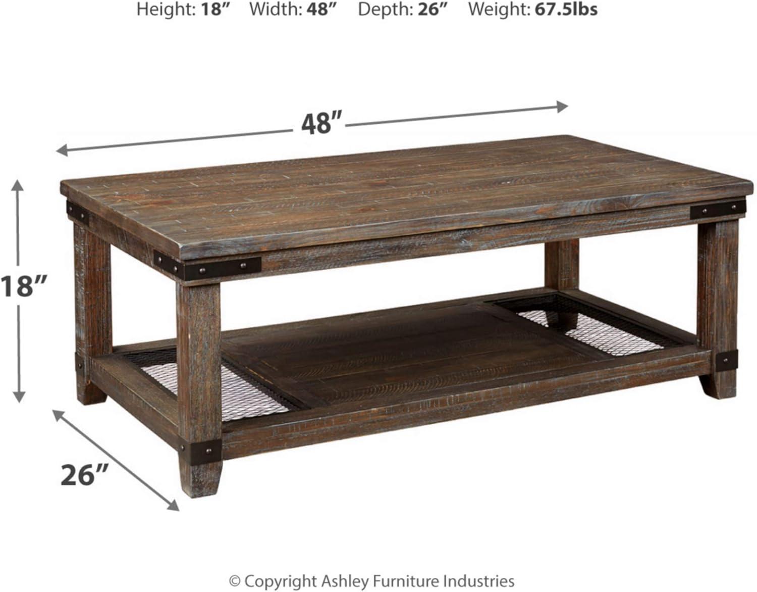 Danell Ridge Rectangular Cocktail Table Brown - Signature Design by Ashley: Solid Pine, Iron-Tone Brackets, Storage Shelf