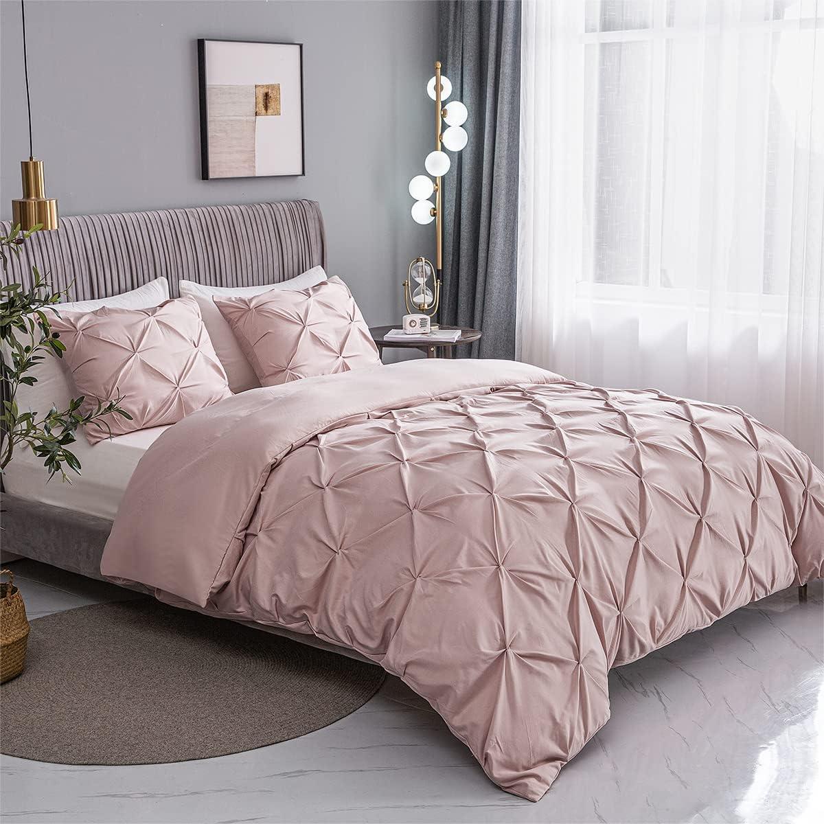Nestl 3 Piece Pinch Pleated Duvet Cover Set, Full Size Pintuck Duvet Cover with Button Closure, Blush