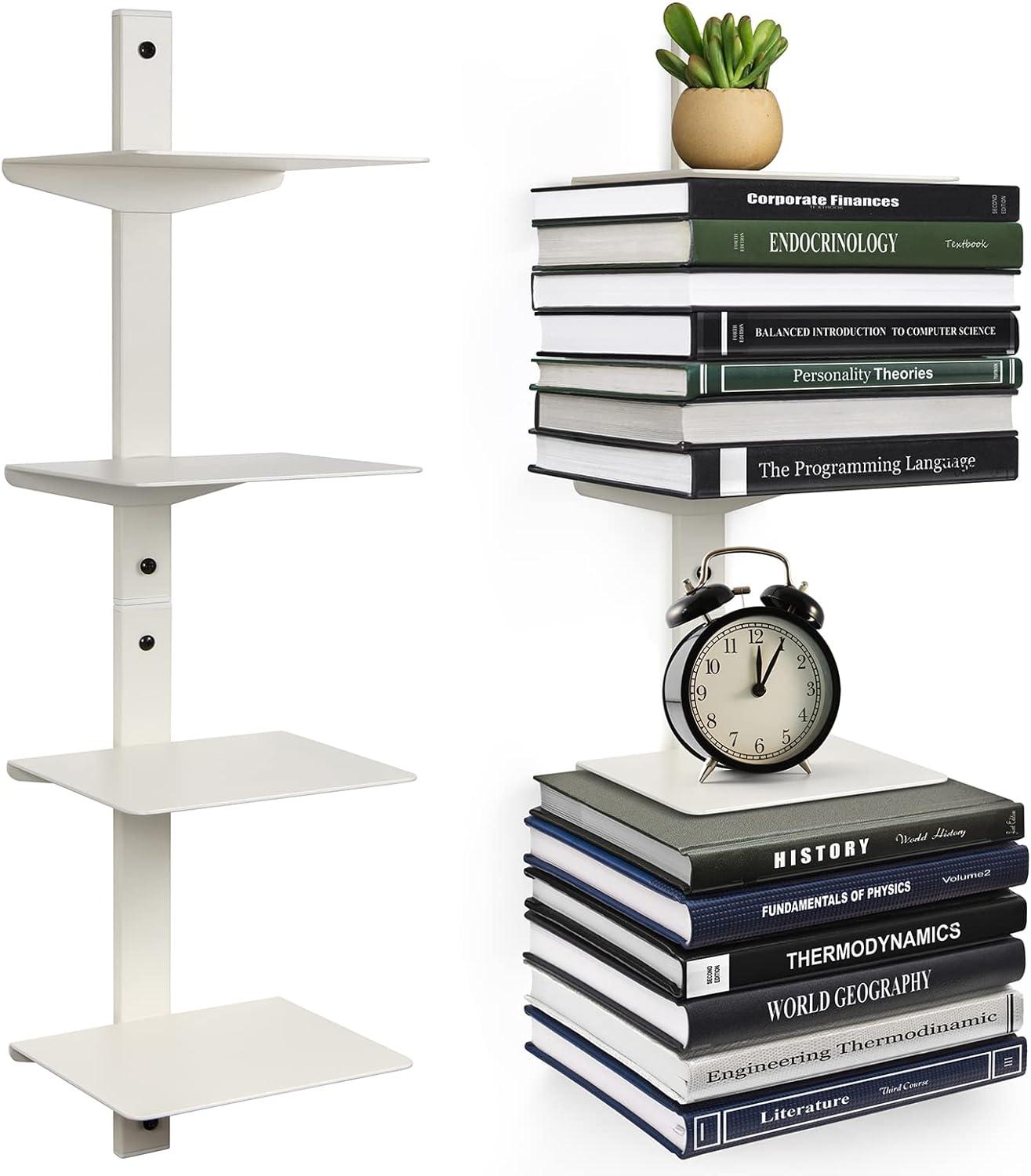 Invisible Floating Bookshelf For Wall Mounted, 4 Tier Vertical Spine Book Tower, 2 Pack White