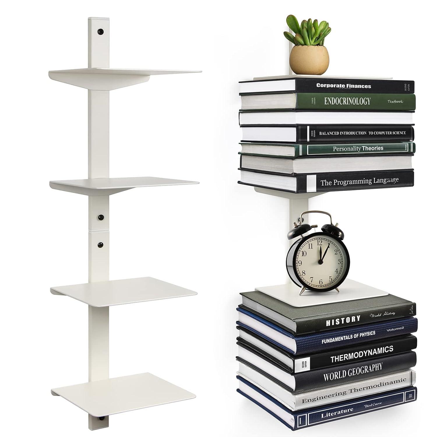 Invisible Floating Bookshelf For Wall Mounted, 4 Tier Vertical Spine Book Tower, 2 Pack White