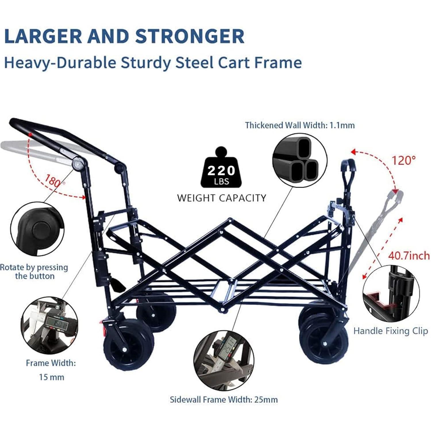 Collapsible Wagon Heavy Duty Folding Wagon Cart with Removable Canopy, 4" Wide Large All Terrain Wheels, Brake, Adjustable Handles,Cooler Bag Utility Carts for Outdoor Garden Wagons Carts Beach Cart