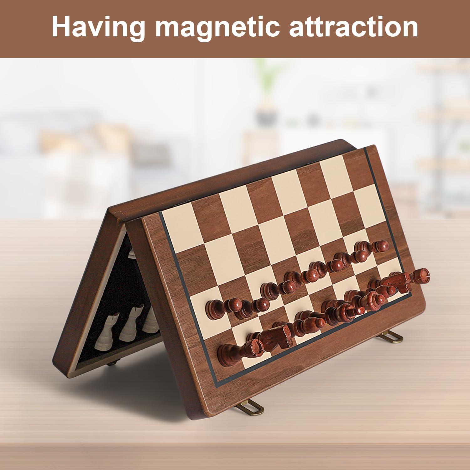 KiddiTouch 15 inch Magnetic Wooden Chess Set 2 in 1 Folding Chess Board Travel Chess Games for Adults and Kids-2 Extra Queen Pieces