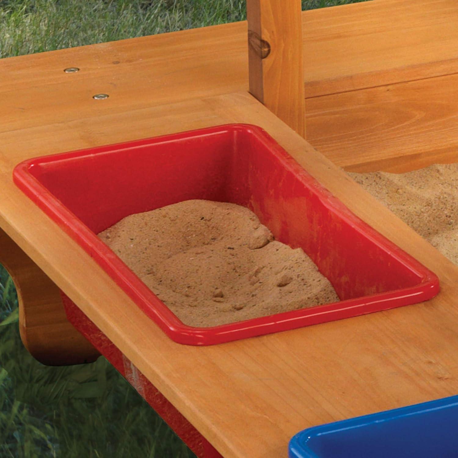 KidKraft Outdoor Covered Wooden Sandbox with Bins and Striped Navy & White Canopy