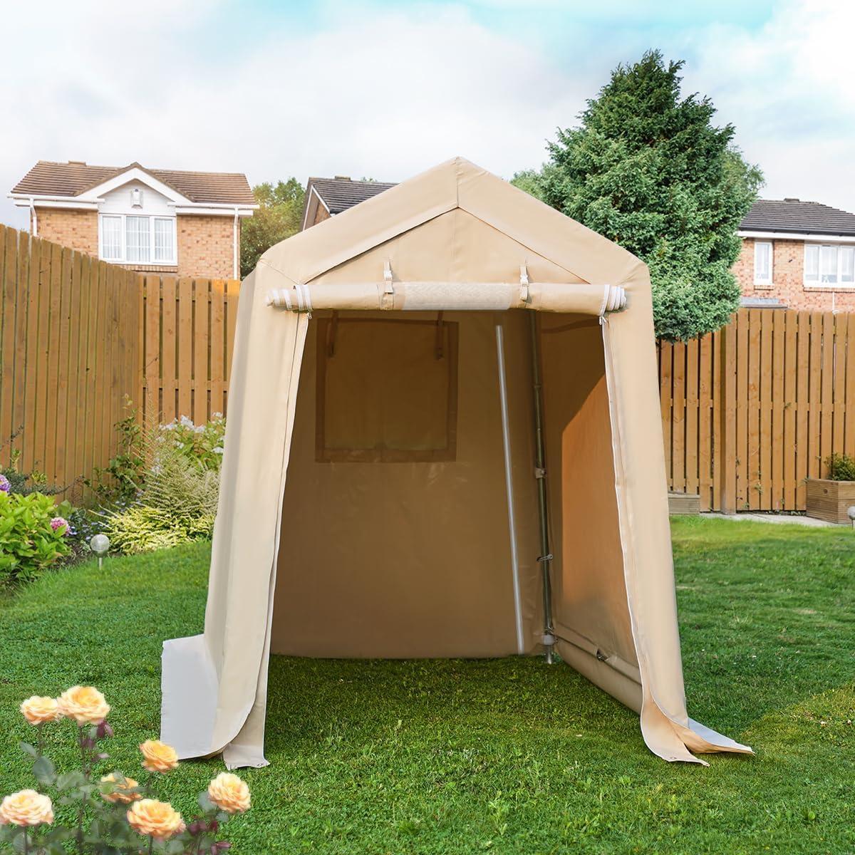 Beige 6' x 8' Portable Storage Shelter with Steel Frame