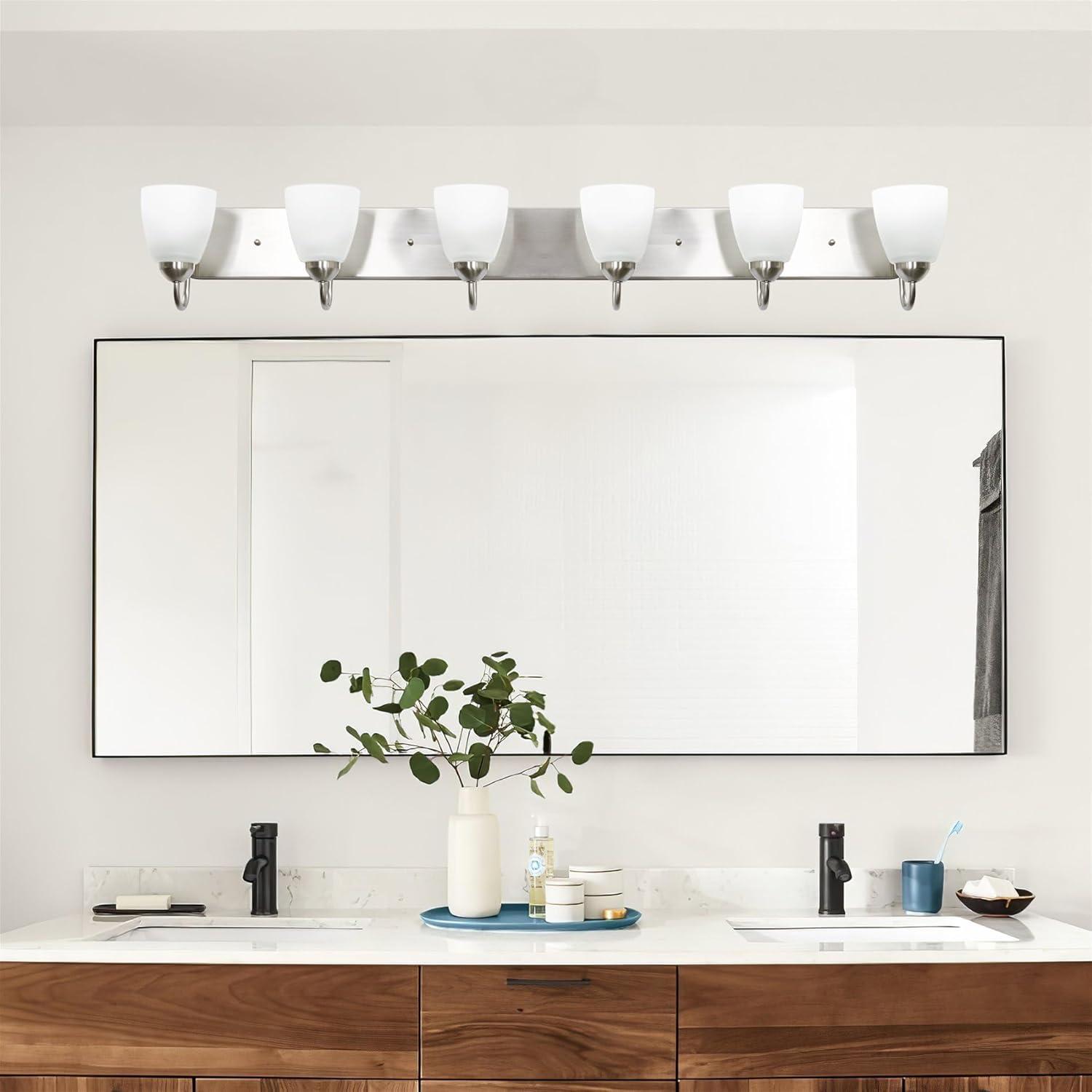Kira Home Armada 37" 5-Light Over Mirror / Bathroom Light, Frosted Glass Shades, Curved Arms, Brushed Nickel