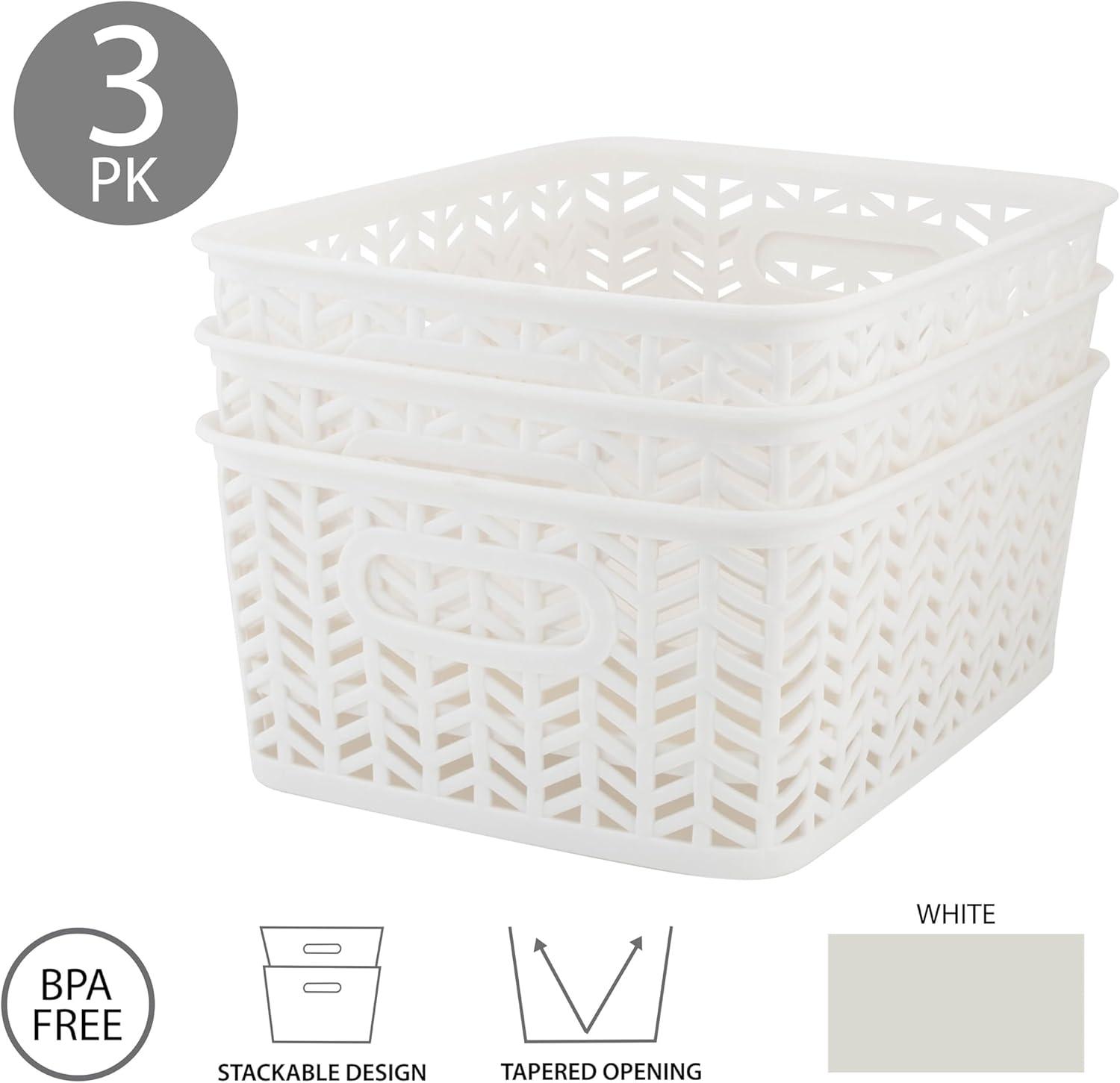 Simplify 3 Pack Small Herringbone Plastic Storage Basket with Handles in White