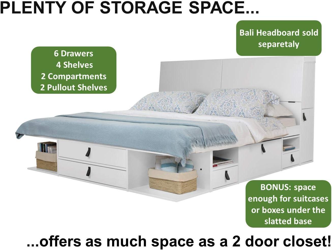 Memomad Bali Storage Platform Sturdy Bed Frame with Drawers & More (Queen Size, White Wood)
