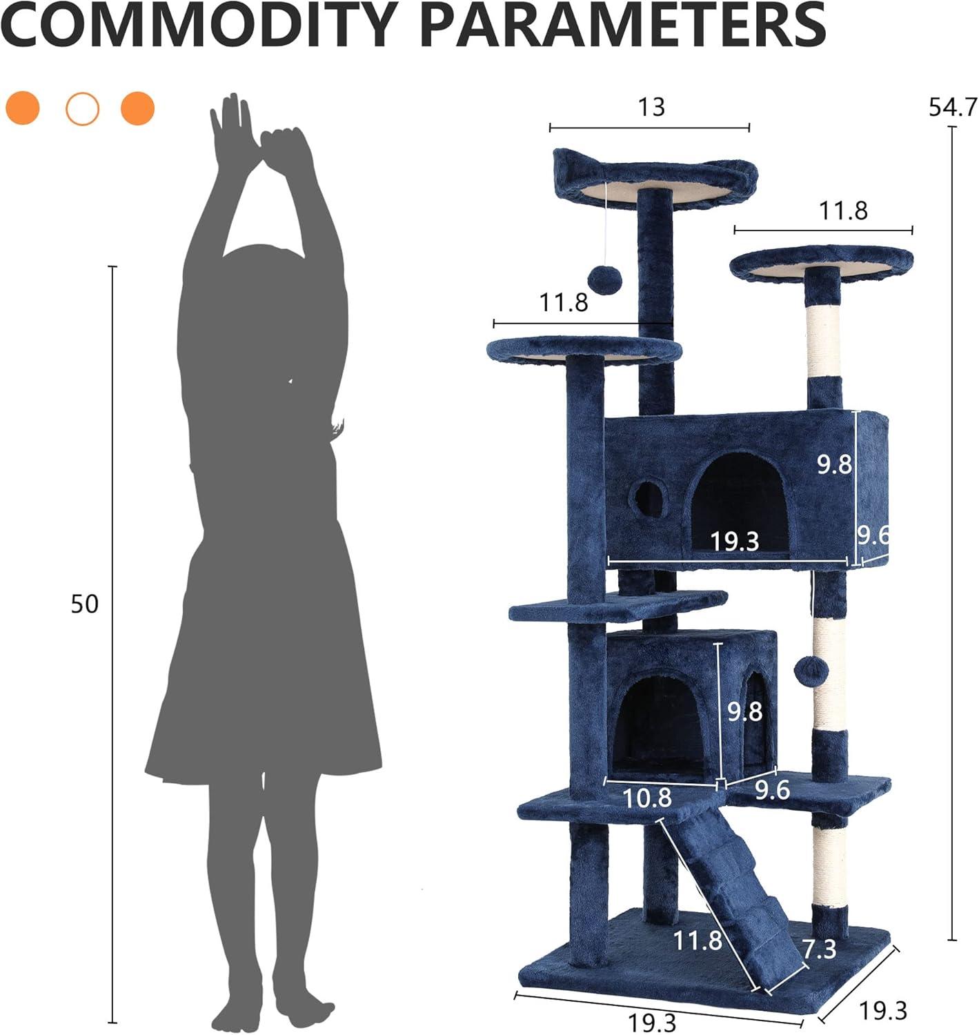 FDW 54in Cat Tree Tower​​ Multi-Level Scratching Post & Play House for Indoor Cats/Kittens, Navy Blue