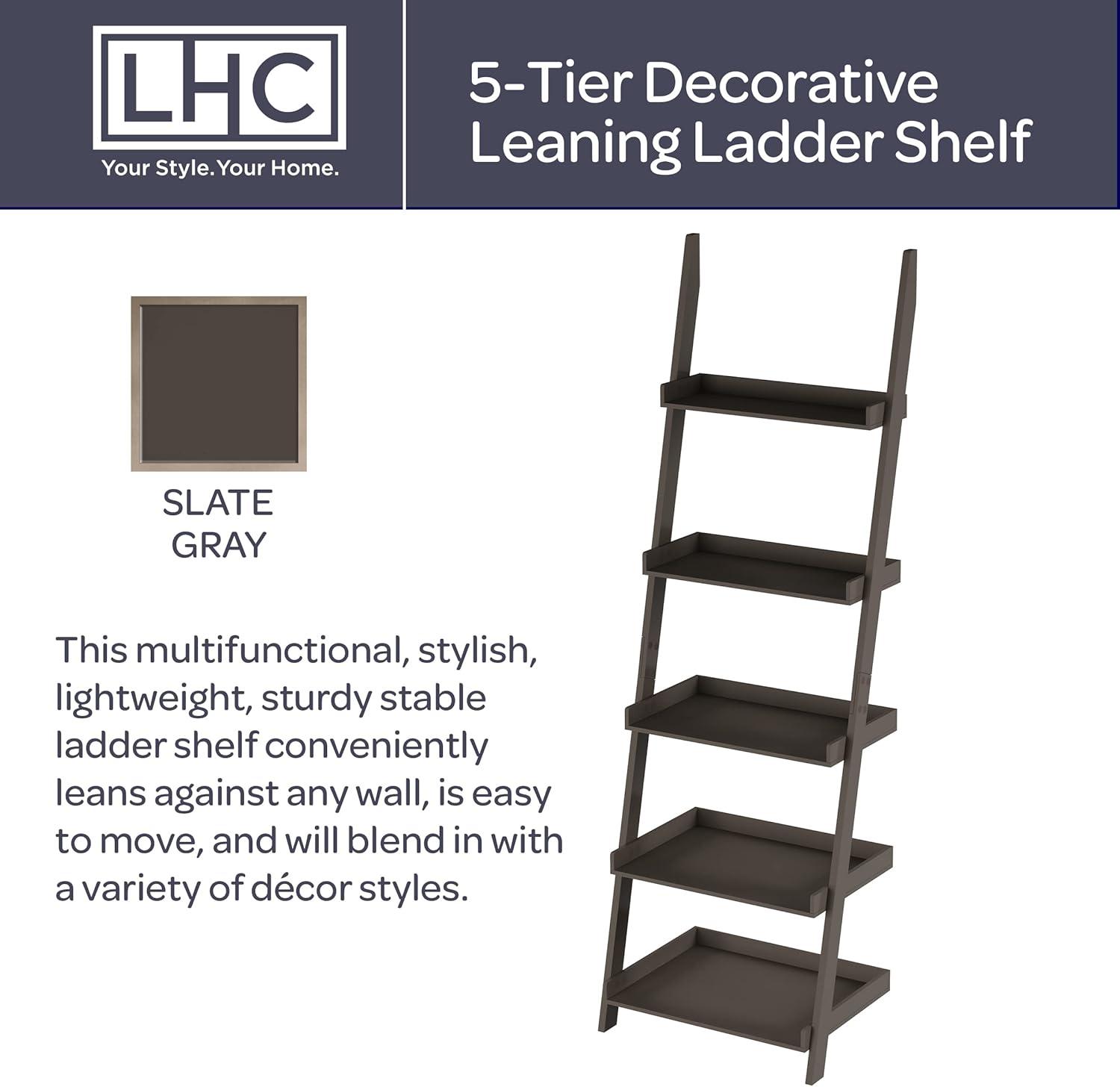 Ladder Bookshelf- 5 Tier Leaning Decorative Shelves for Display-Slate Gray Shelf Stand-Living Room Bathroom & Kitchen Shelving by Lavish Home