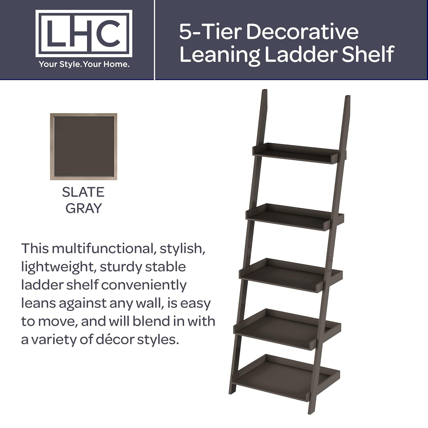 Bookshelf - 5-Tier Ladder Shelf with Leaning Look - Bookcase for Home Decor and Office Storage - Freestanding Book Shelves by Lavish Home (Gray)