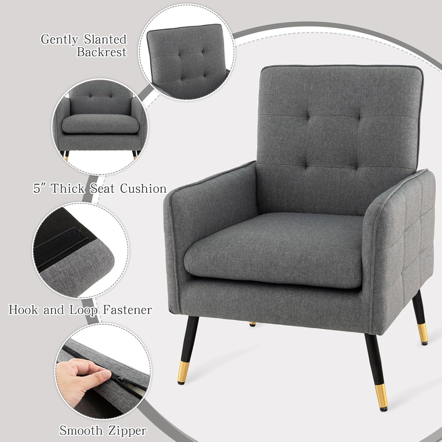 Gymax 2 Pieces Accent Chair Upholstered Armchair w/ Tufted Back & Metal Legs Gray