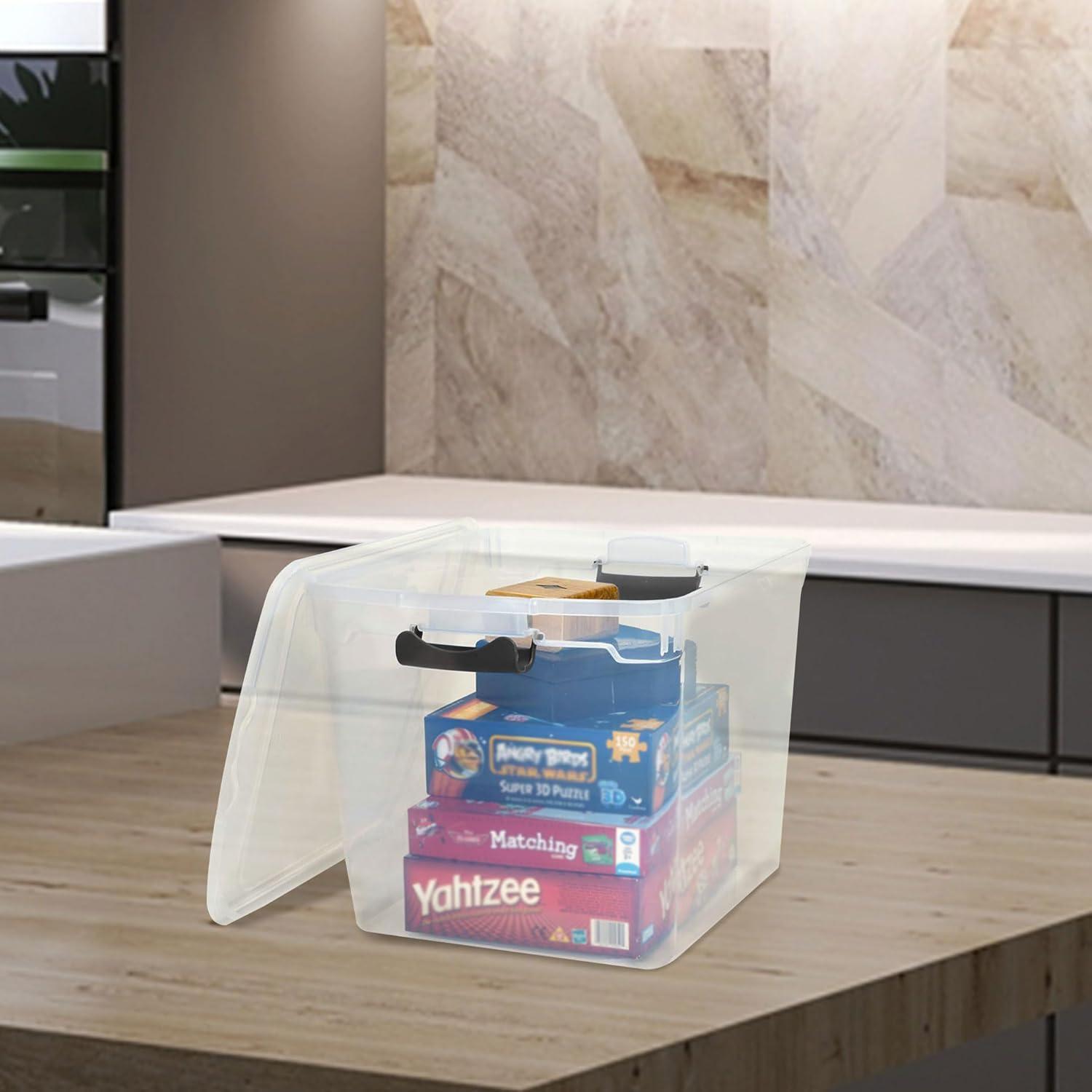 Homz 31 Quart Secured Seal Latch Extra Large Single Clear Stackable Storage Container Tote with Grey Handles for Home, Garage, or Basement, 4 Count