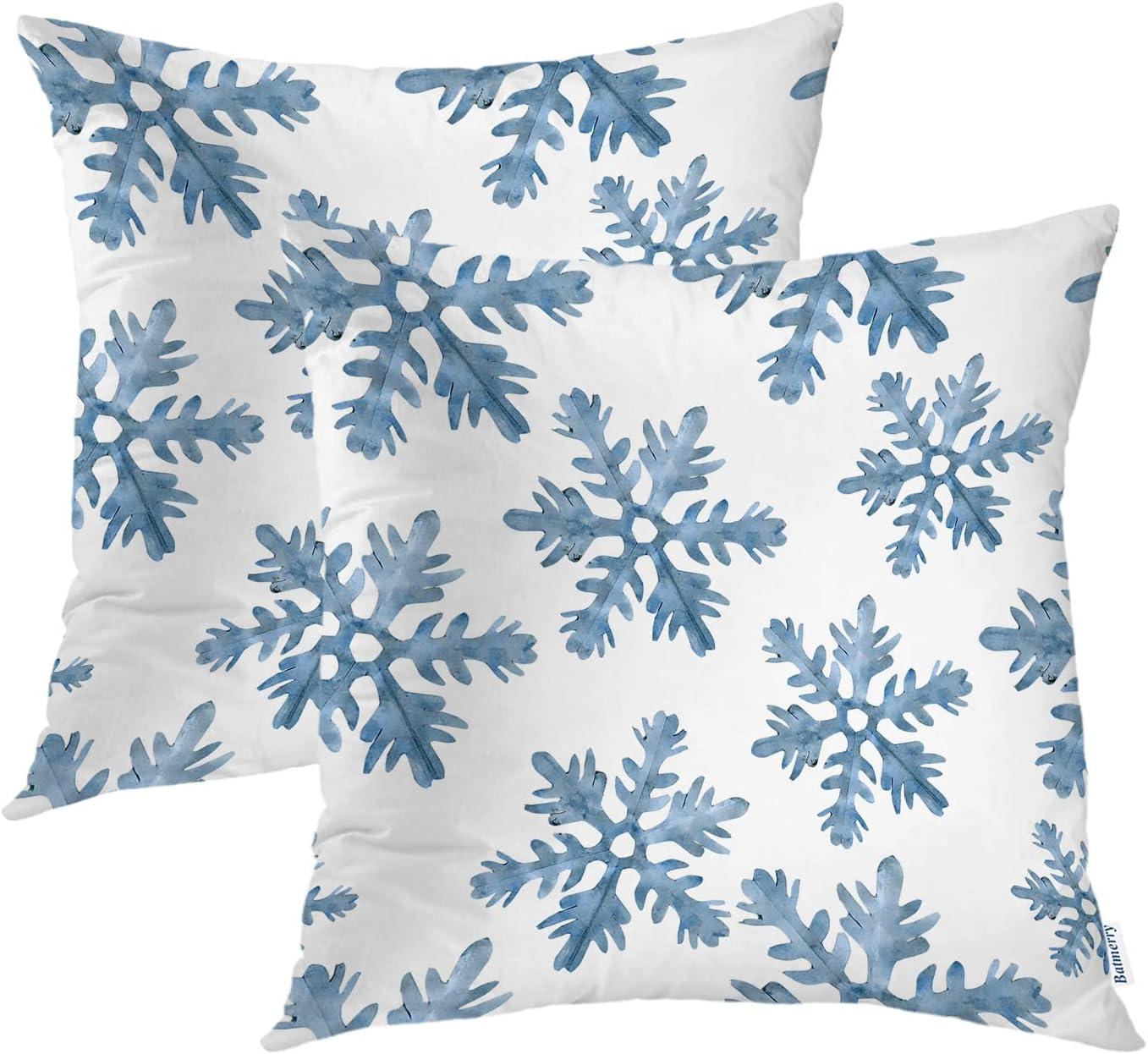 Set of 2 Merry Christmas Decorative Pillow Covers 18x18 inch,Blue Snow Winter with Snowflakes Falling White Crystal Double Sided Throw Pillow Covers Sofa Cushion Cover