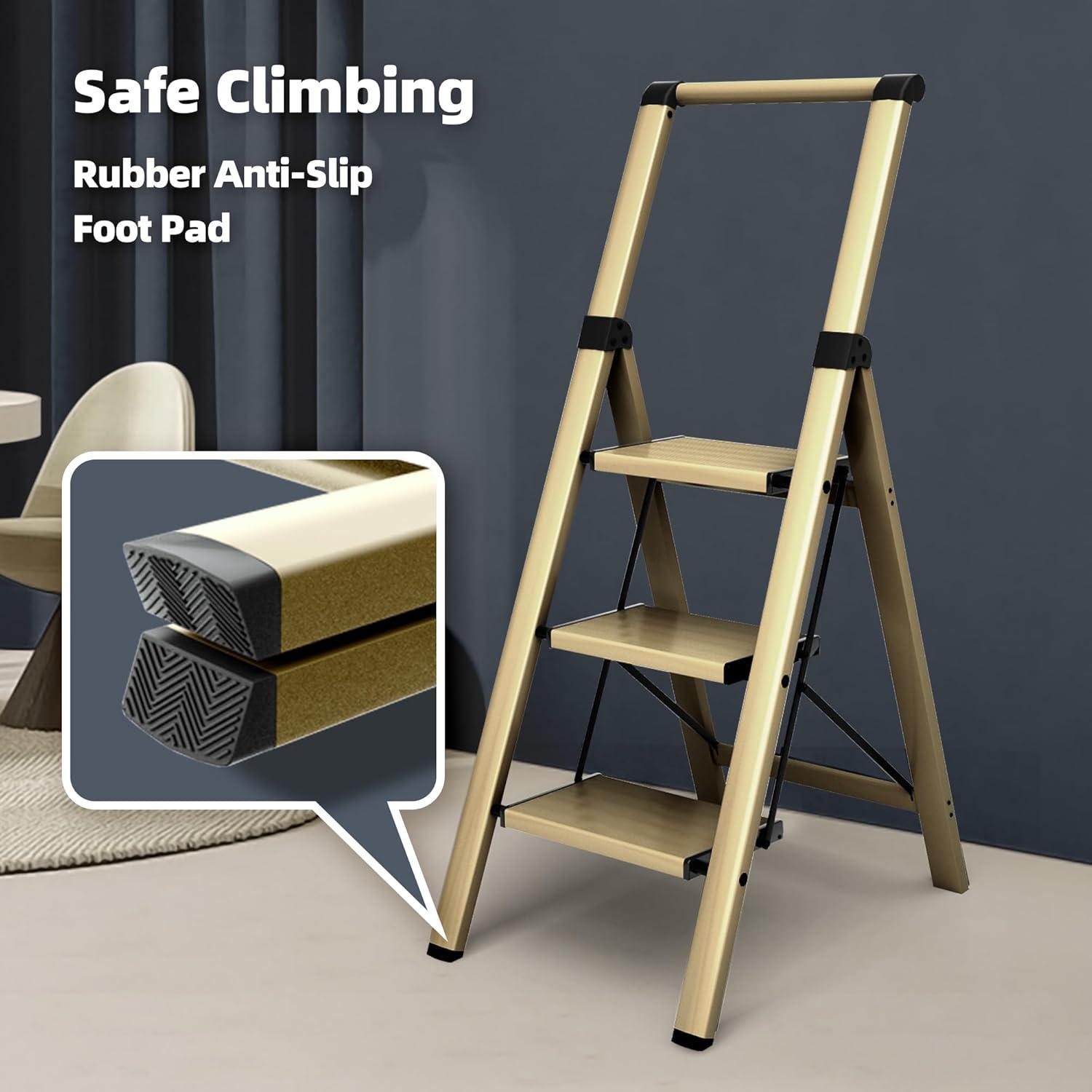 WFX Utility™ 3-Step Foldable Aluminum Ladder With U-Shape Handgrip, Anti-Slip Wide Pedals, 330 Lbs Capacity, Lightweight & Portable For Home, Kitchen, Office