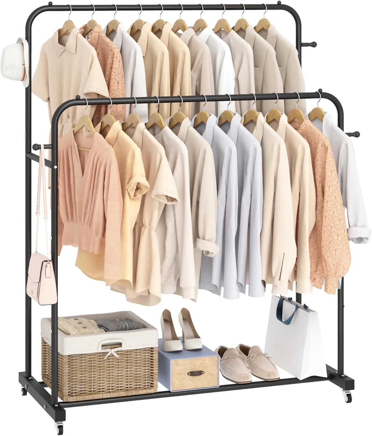 Black Double Rods Garment Rack with Wheels and Hooks