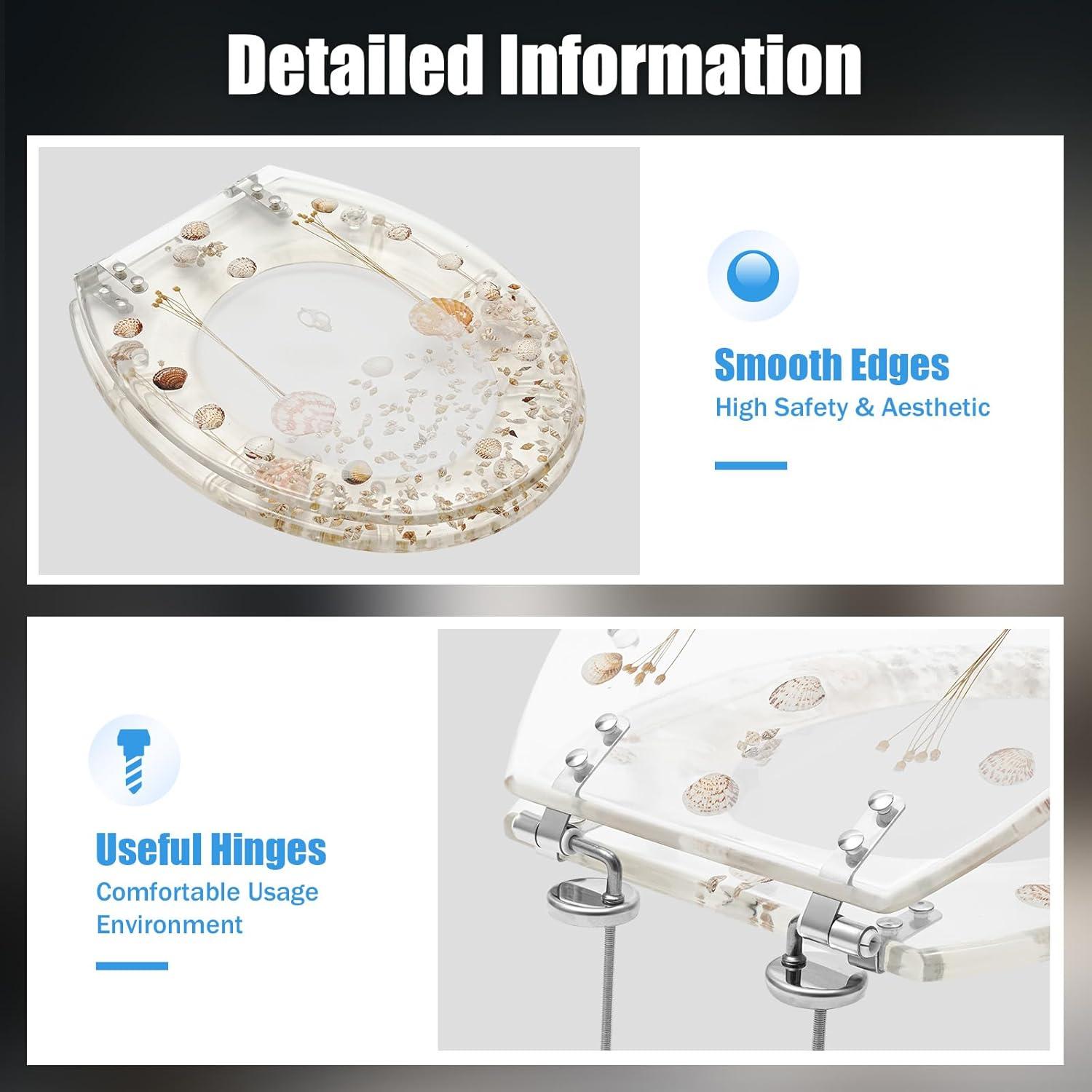Transparent Resin Shell Polyresin Toilet Seat, Decoration Transparent Safety U/V Shape Seashell Sea Plants Decor Bathroom Toilet Seat with Hinges