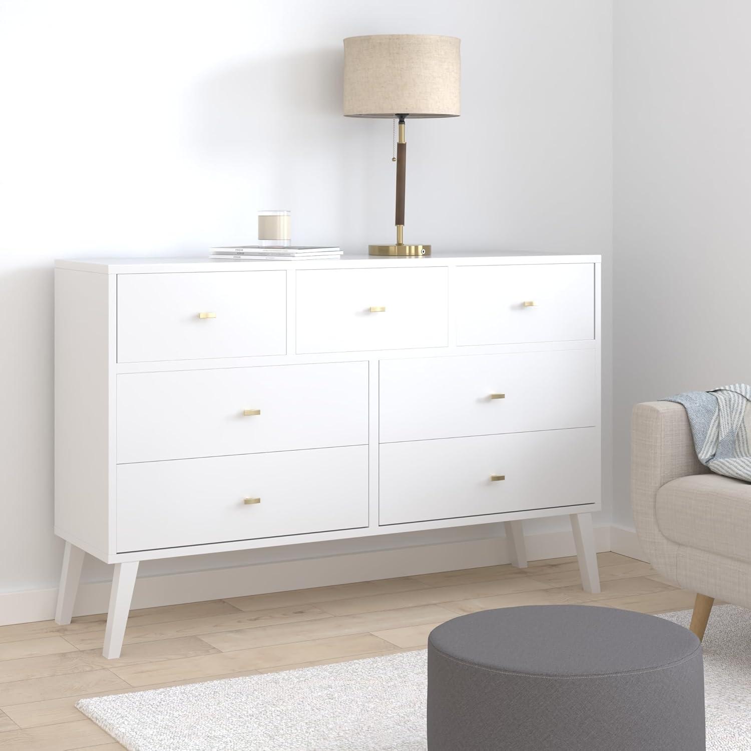 Prepac 7 Drawer Milo Mid-Century Modern Dresser White: Laminated, Metal Glides, MDF Composite