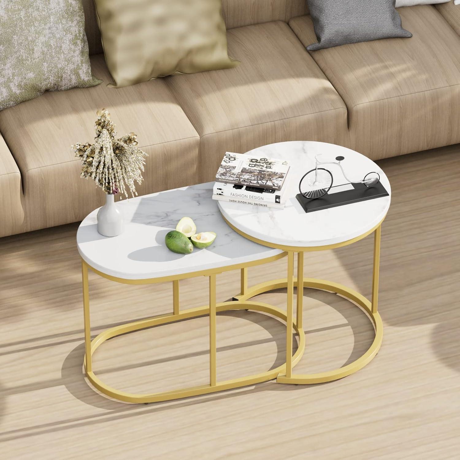 Modern Round White Marble and Gold Nesting Coffee Table Set