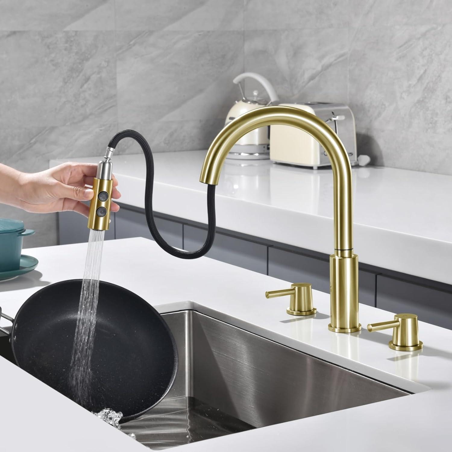 Kitchen Faucet, 2 Handles Kitchen Sink Faucet, 3 Holes Sink Faucet, Pull Down Kitchen Faucets, Bar Kitchen Faucet, Brushed Gold, Stainless Steel, RULIA RB1069