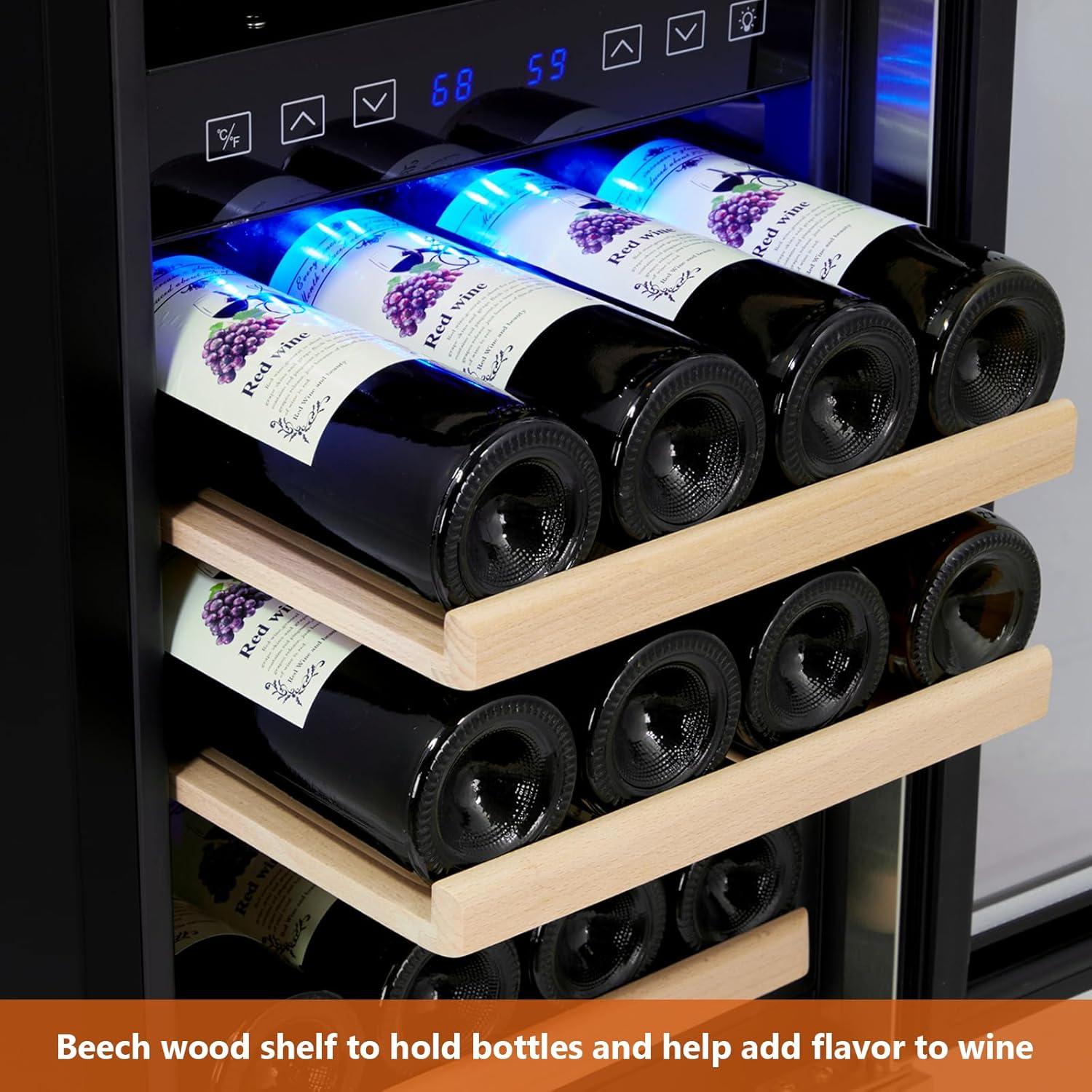15 Inch Wine Cooler Under Counter, 29 Bottle Dual Zone Wine Fridge Wine Refrigerator with Stainless Steel Digital Temperature Control, Temperature Memory, Built-in or Freestanding Wine Cellar