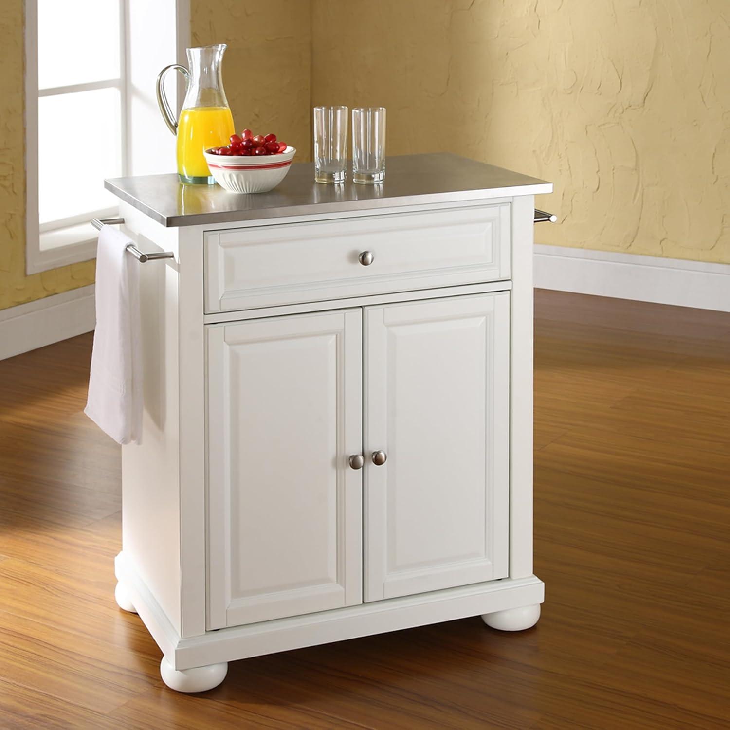 Crosley Alexandria Stainless Steel Top Portable Kitchen Island White : Hardwood Construction, Adjustable Shelf