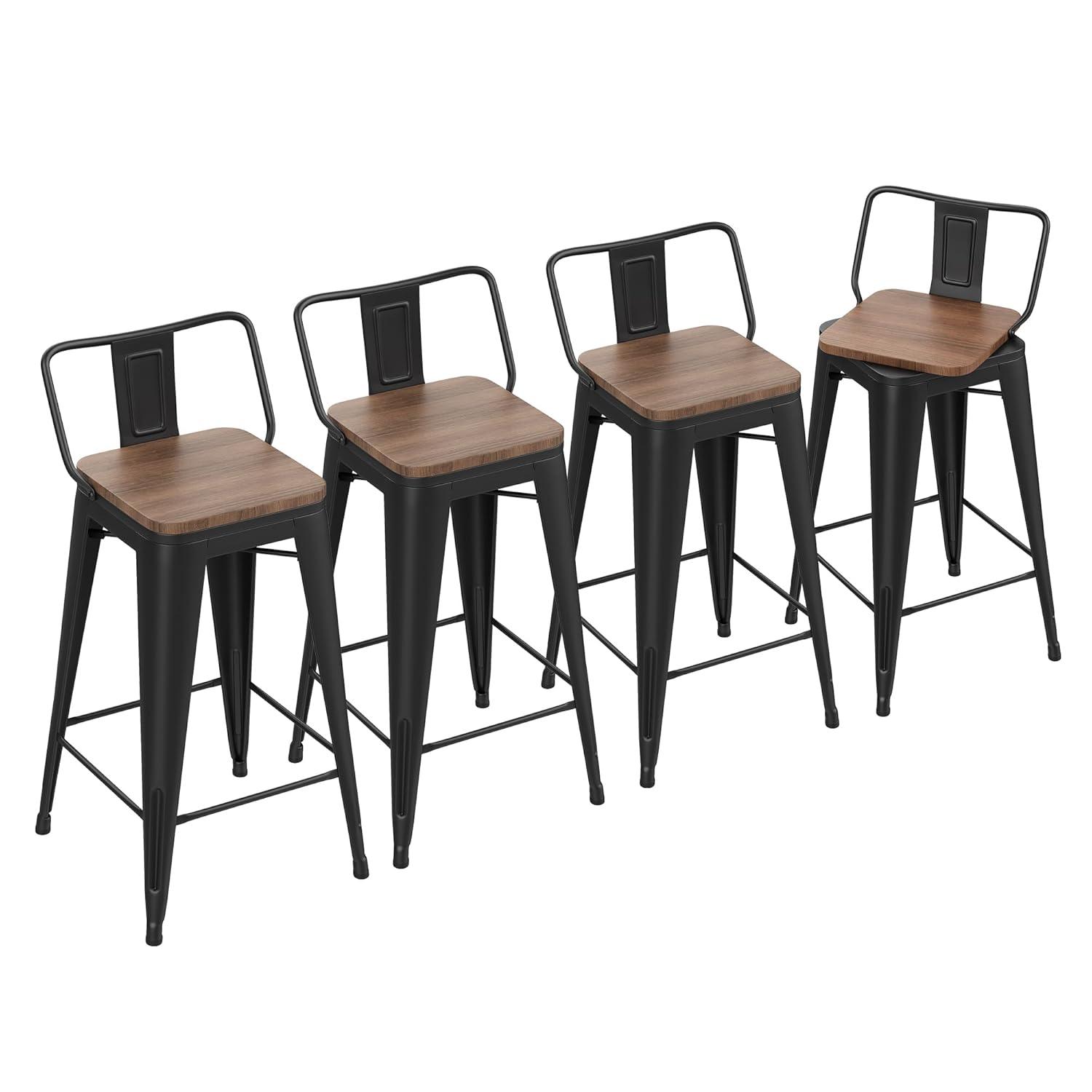 Killeryuki 24'' Metal Bar Stool 4PCS Low Back Conuter Stools for Indoor/Outdoor Barstools Metal Black Stools Bar Chairs w/Wooden Seat Metal Leg Industrial Counter Height Stools Black