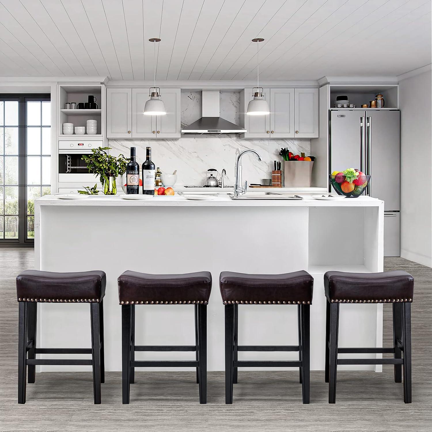 Bar Stools Set of 2, 26" Faux PU Leather Upholstered Counter Height Backless Saddle Stools with Nailhead Trims and Solid Wood Legs Farmhouse Island Chairs for Kitchen Dining Room Pub, Gray