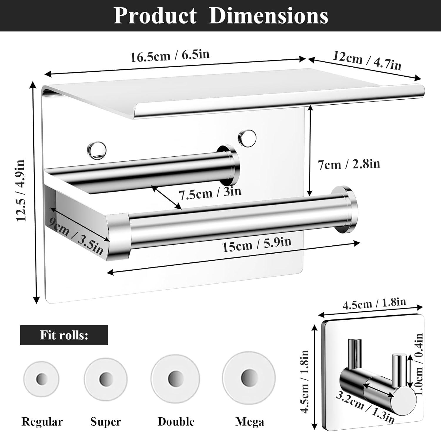 Tindbea Mega Size Toilet Paper Holder with Shelf + Towel Robe Hooks, Adhesive or Screw Wall Mounted Toilet Paper Roll Holder, Stainless Steel Bathroom Hardware Set (Polished Chrome)