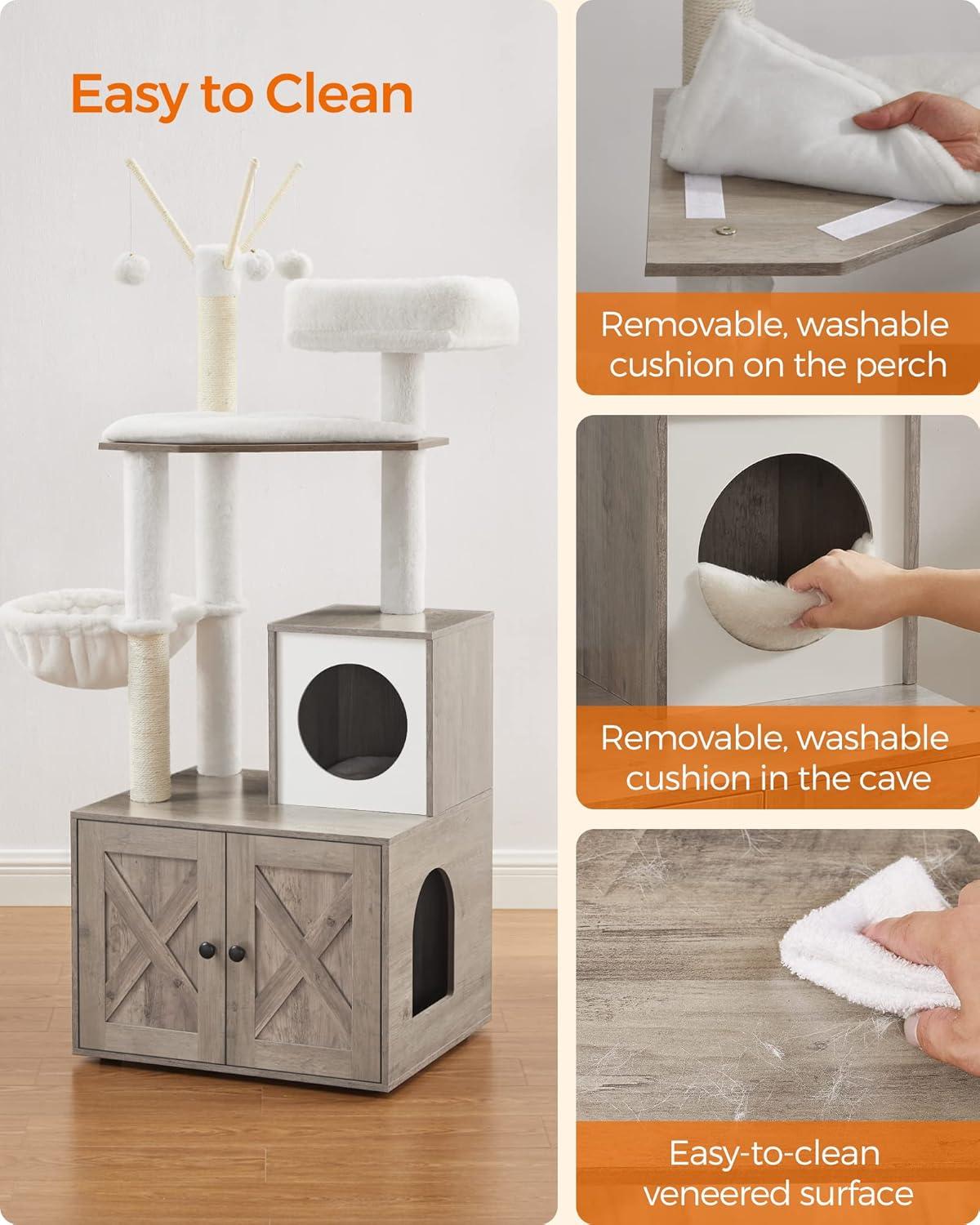 Feandrea Cat Tree with Litter Box Enclosure, 2-in-1 Modern Cat Tower, 55.1-Inch Cat Condo with Scratching Posts, Removable Pompom Sticks, Greige UPCT113G01