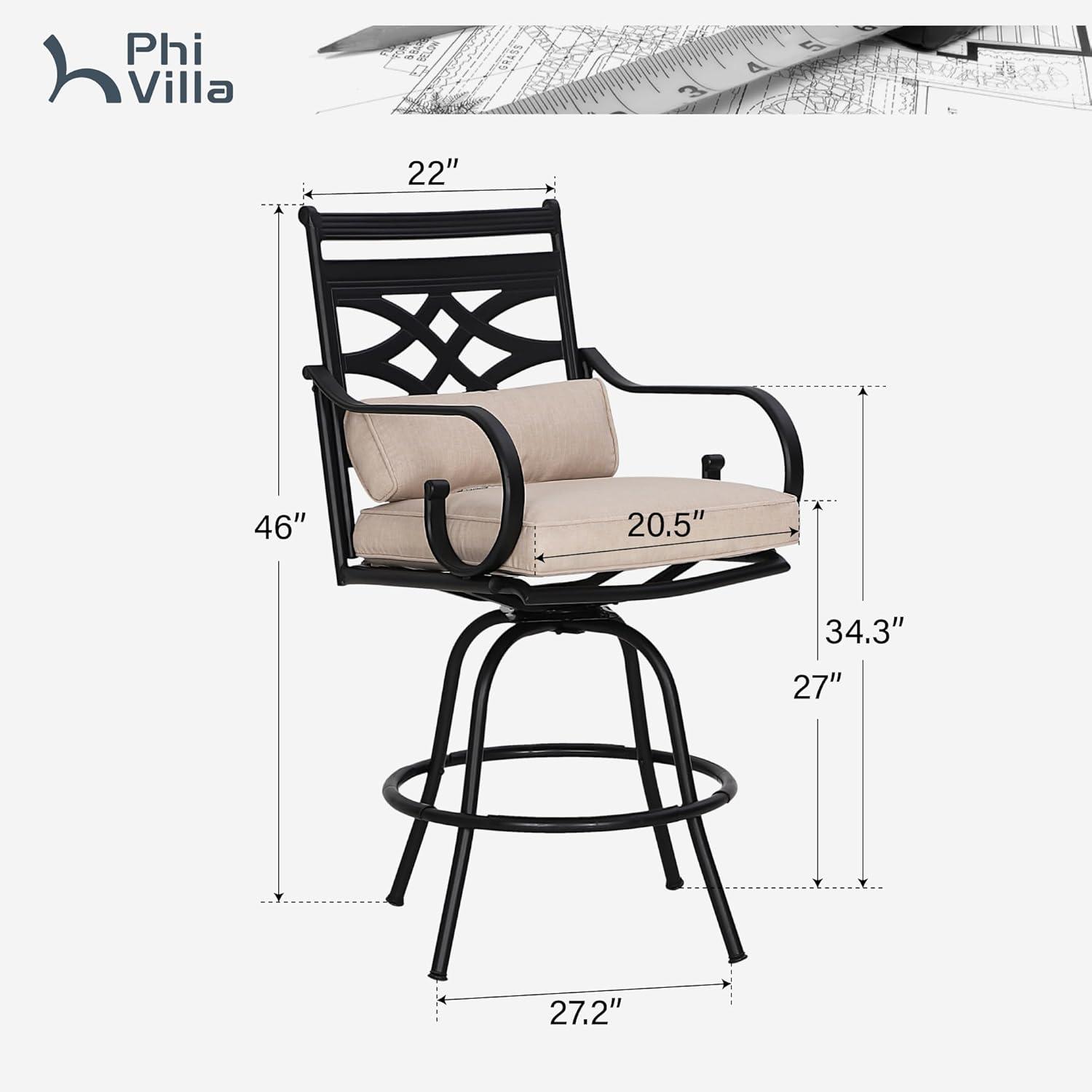 Outdoor 360°swivel Bar Stools Set Of 2 With Seat Cushions High Back & Armrests