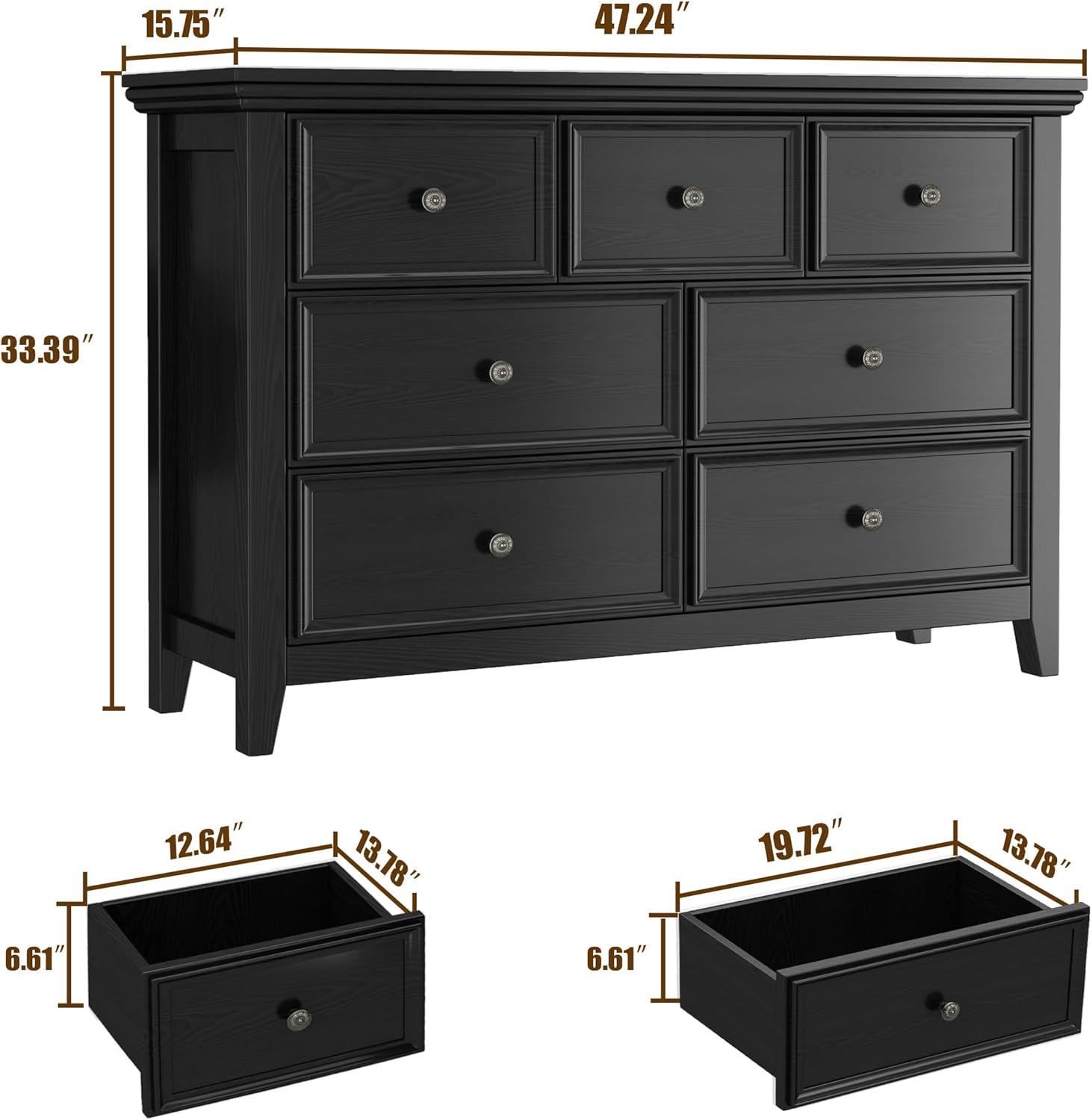 Black Wood 7-Drawer Dresser with Metal Handles