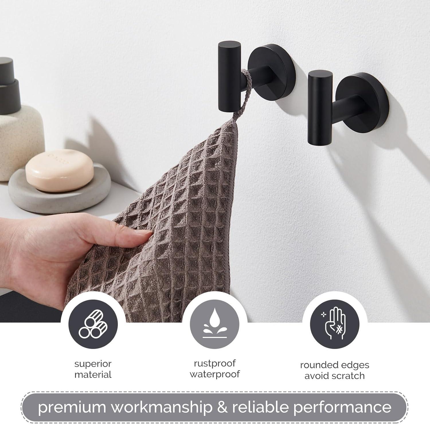Angle Simple Matte Black Towel Hook 2 PCS, Stainless Steel Kitchen Bathroom Towel Holder, Round Coat Robe Hanger for Wall