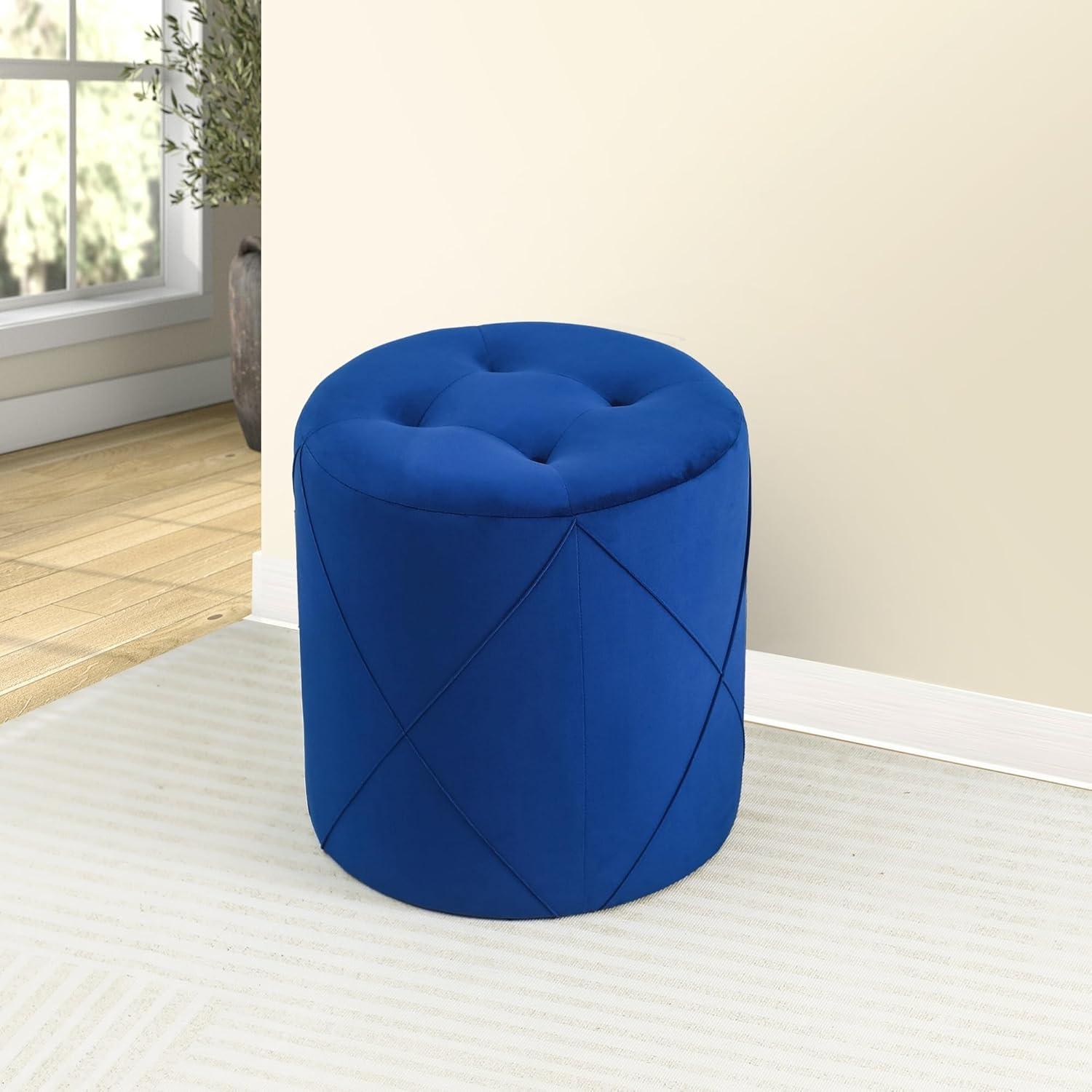 Adeco  Velvet Round Tufted Ottoman Foot Rest Vanity Stool Dark-Royal -Blue