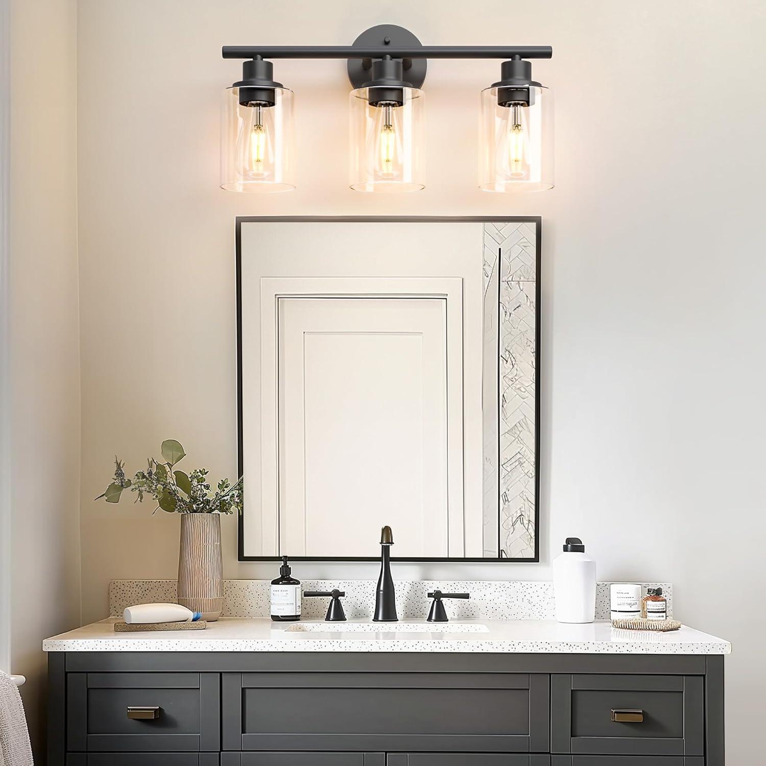 3-Light Bathroom Light Fixtures Bathroom Vanity Lights with Clear Glass Shades Matte Black Bathroom Light Fixtures over mirror for Mirror Living Room Cabinet Bedroom Porch