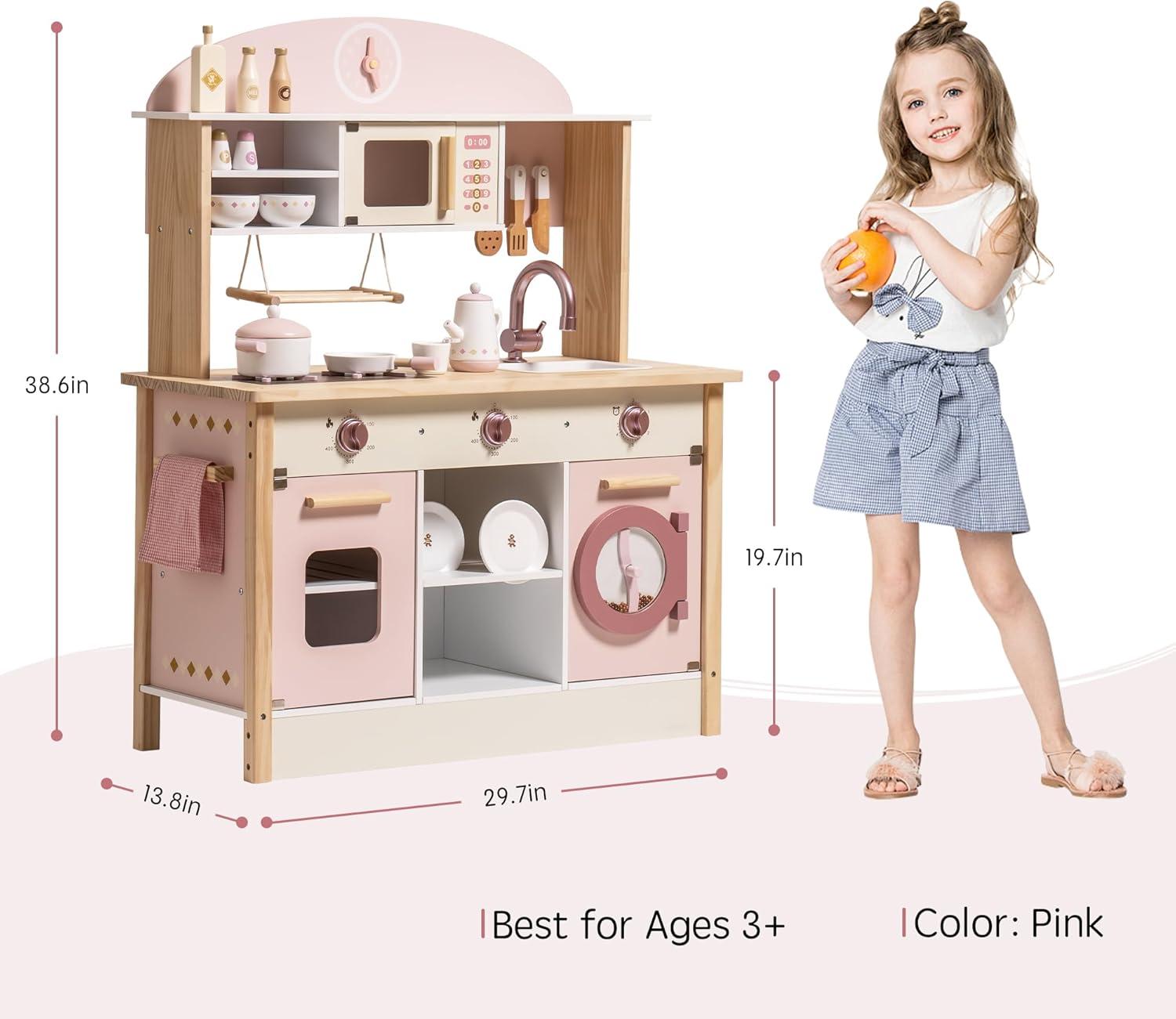 ROBOTIME Wooden Play Kitchen with Realistic Accessories for Kids Toddlers Girls & Boys Modern Style Cooking Toy Pink Kitchen