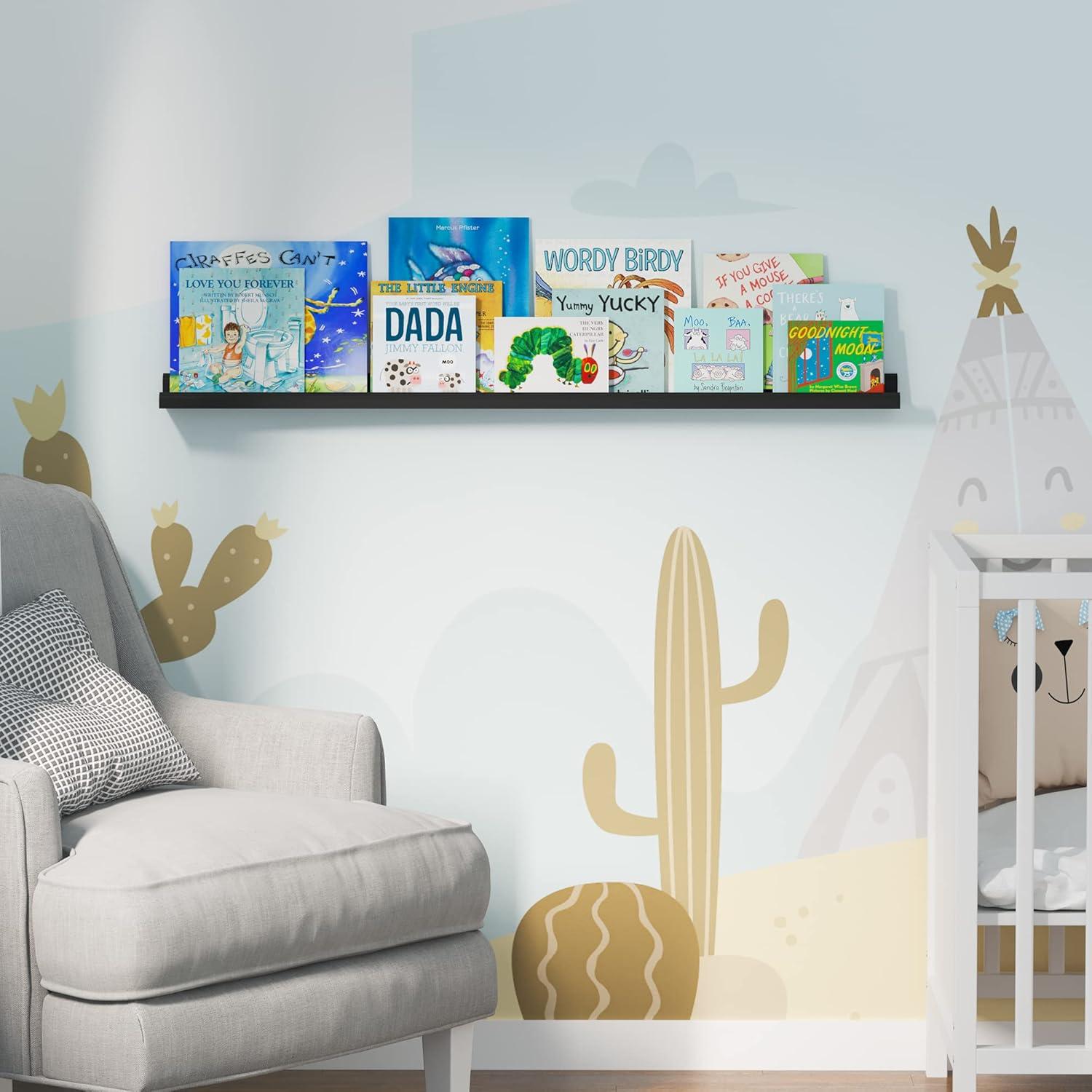 Black MDF Wood 46" Floating Wall Shelf for Picture Frames