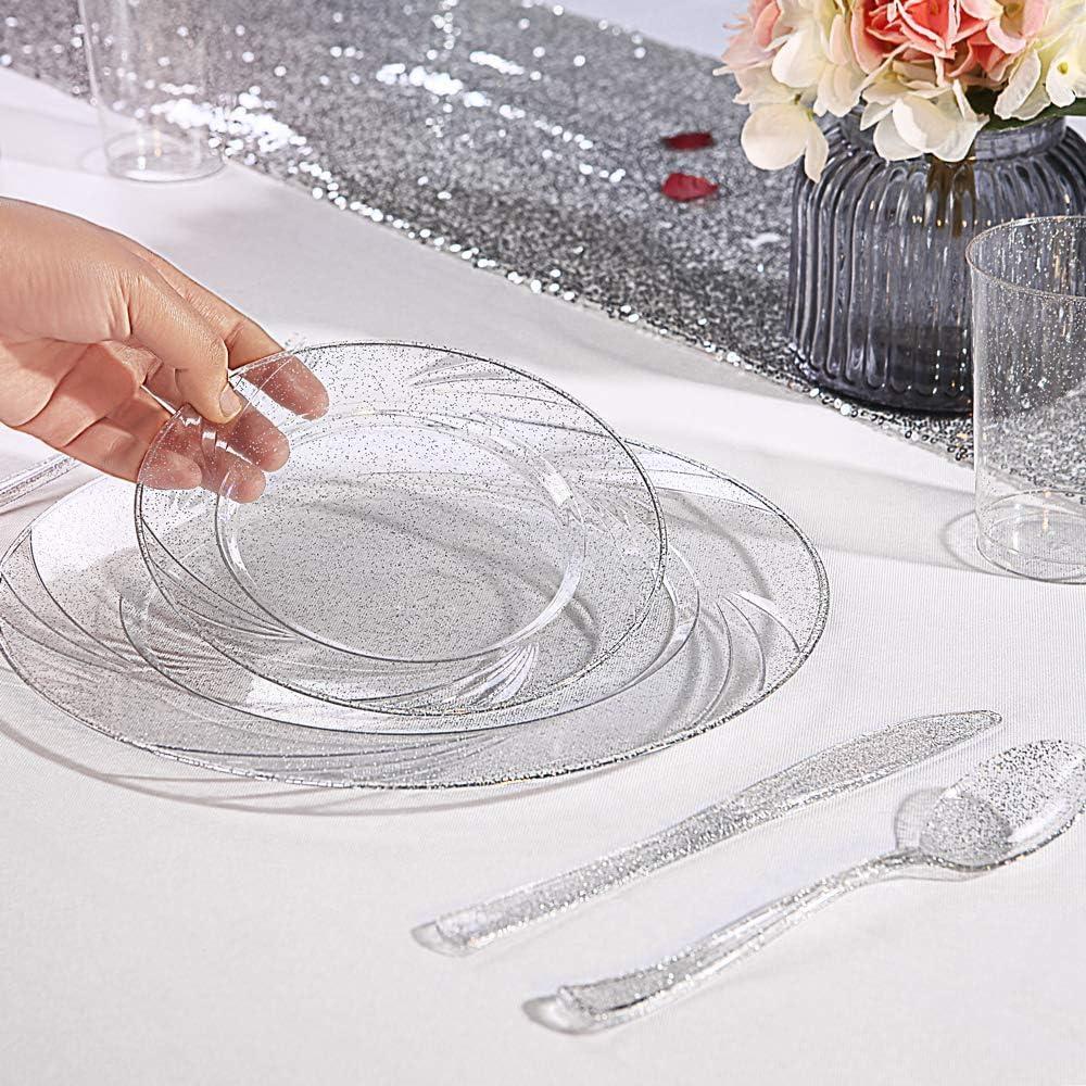 Elegant Clear and Silver Disposable Dinnerware Set for 25 Guests