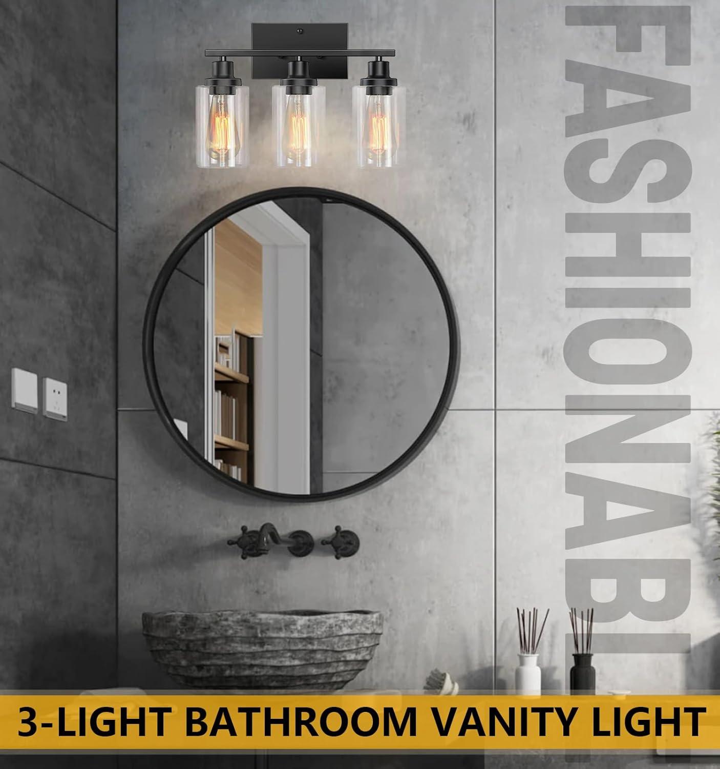 3-Light Bathroom Light Fixtures Bathroom Vanity Lights with Clear Glass Shades Matte Black Bathroom Light Fixtures over mirror for Mirror Living Room Cabinet Bedroom Porch