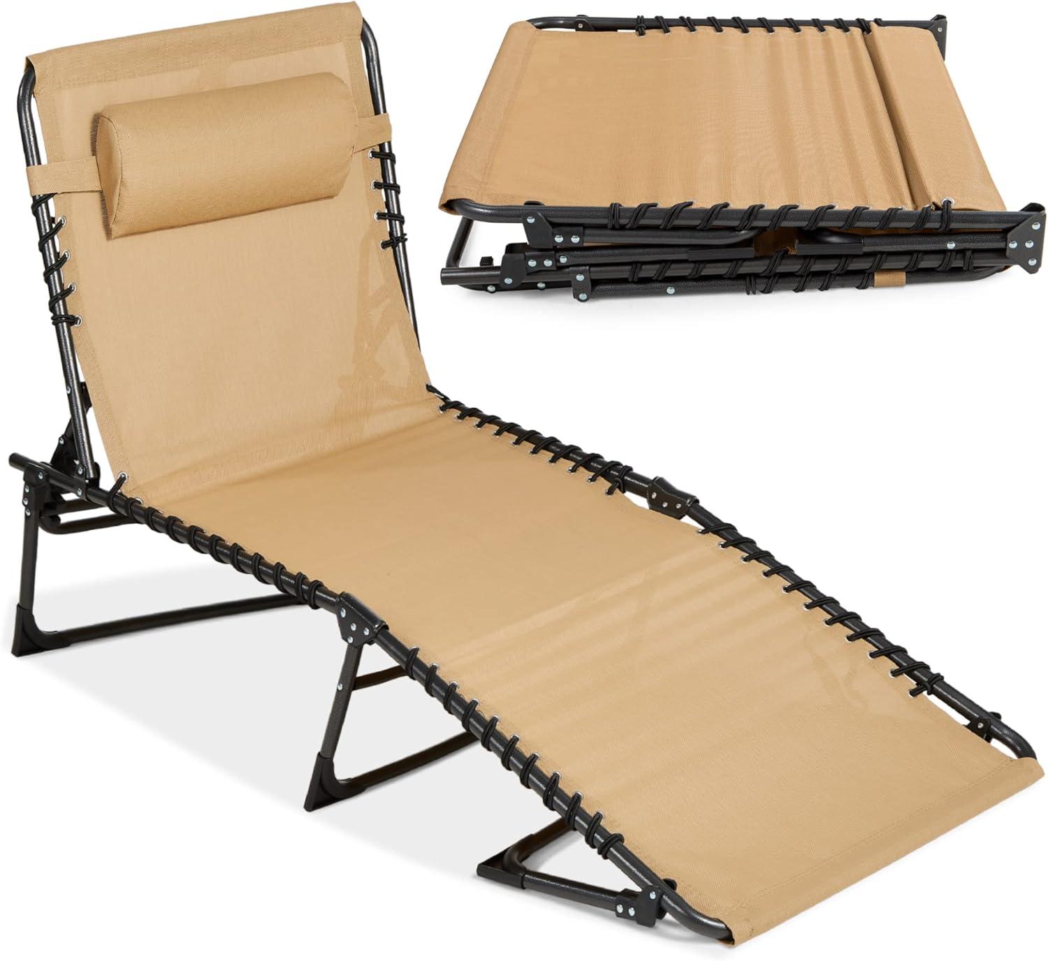 Best Choice Products Patio Chaise Lounge Chair, Outdoor Portable Adjustable Pool Recliner w/ Pillow - Tan
