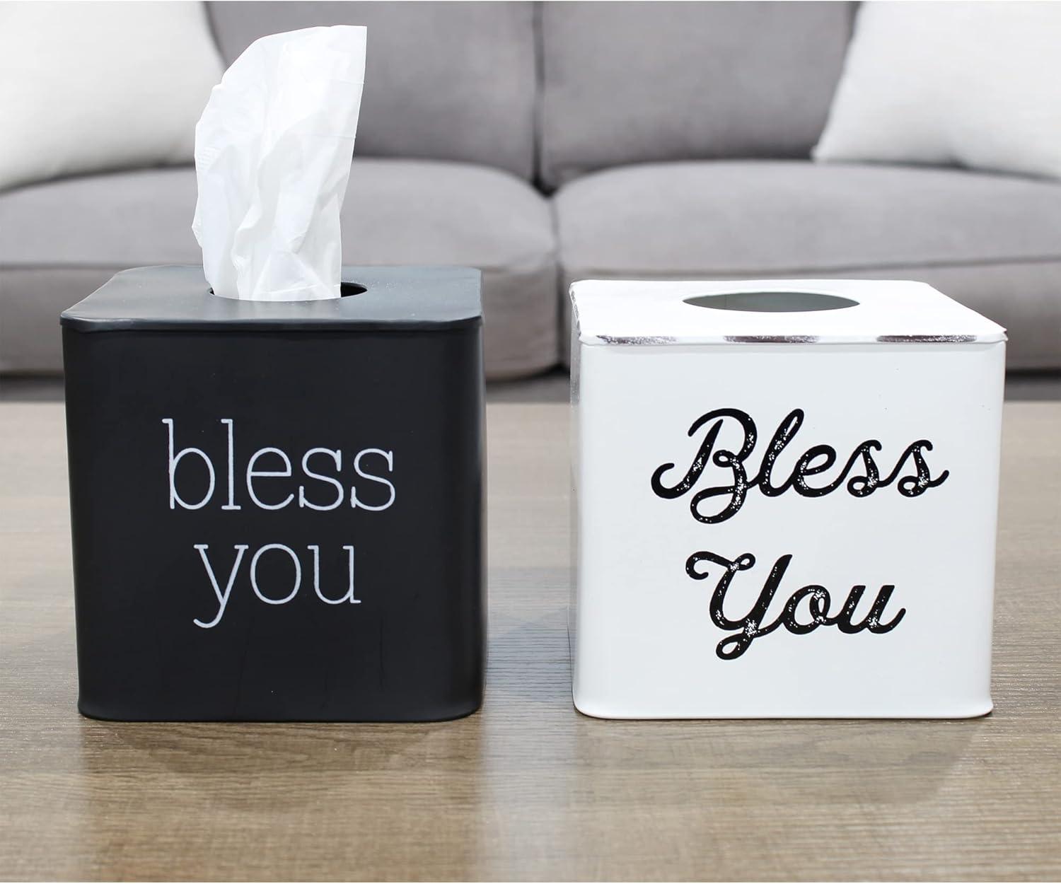 Black Enamel Square Tissue Box Cover with Bless You Text