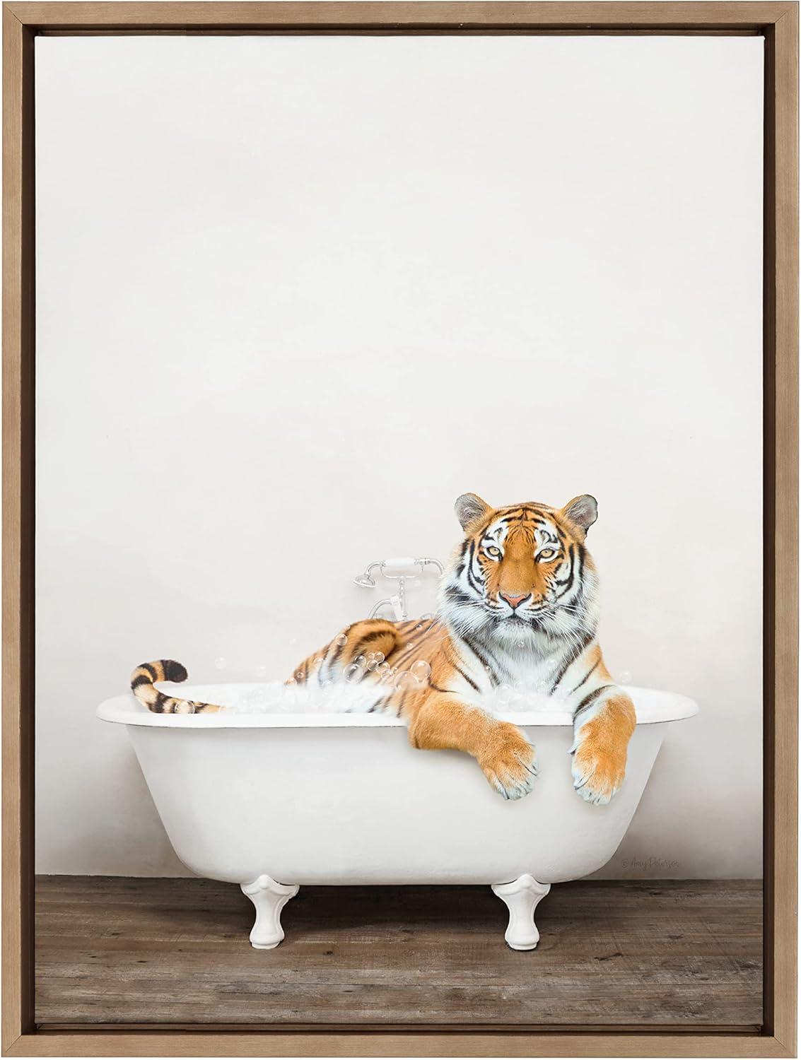 18" x 24" Sylvie Bengal Tiger in Rustic Bath Framed Canvas by Amy Peterson - Kate & Laurel All Things Decor