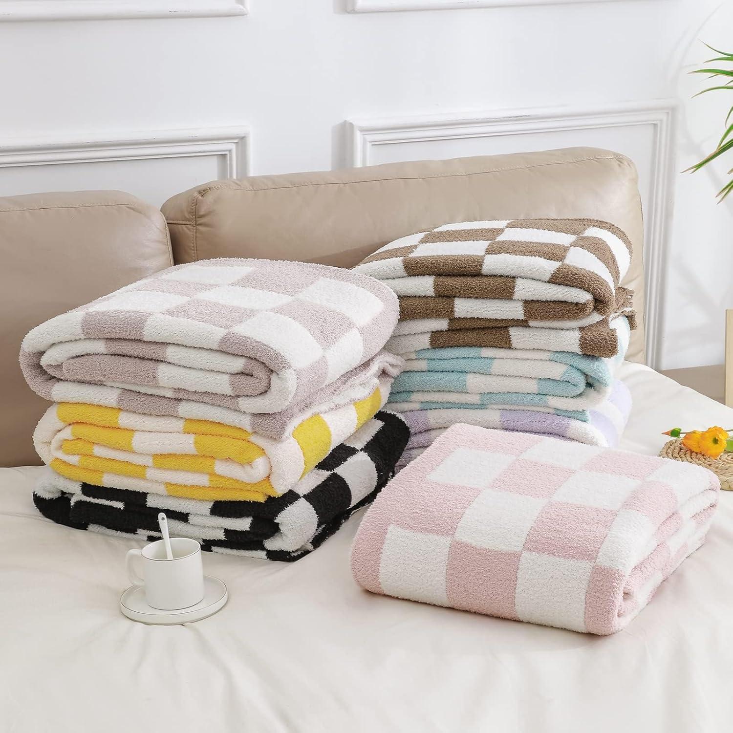 bearberry Fuzzy Checkerboard Grid Throw Blanket Knitted Soft Cozy Warm Microfiber Blanket Decor for Couch Sofa Bed Travel Home (Pink, 40''x50'')